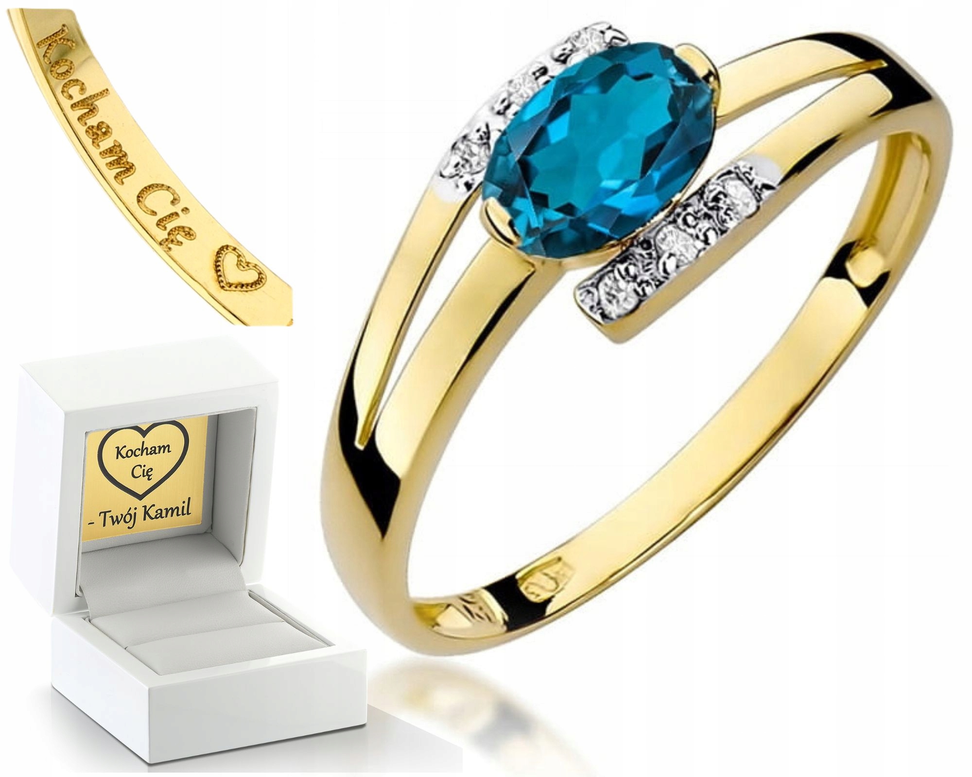 Prstýnek S Topazem London Blue A Brilianty Žluté Zlato 585 Gravírování