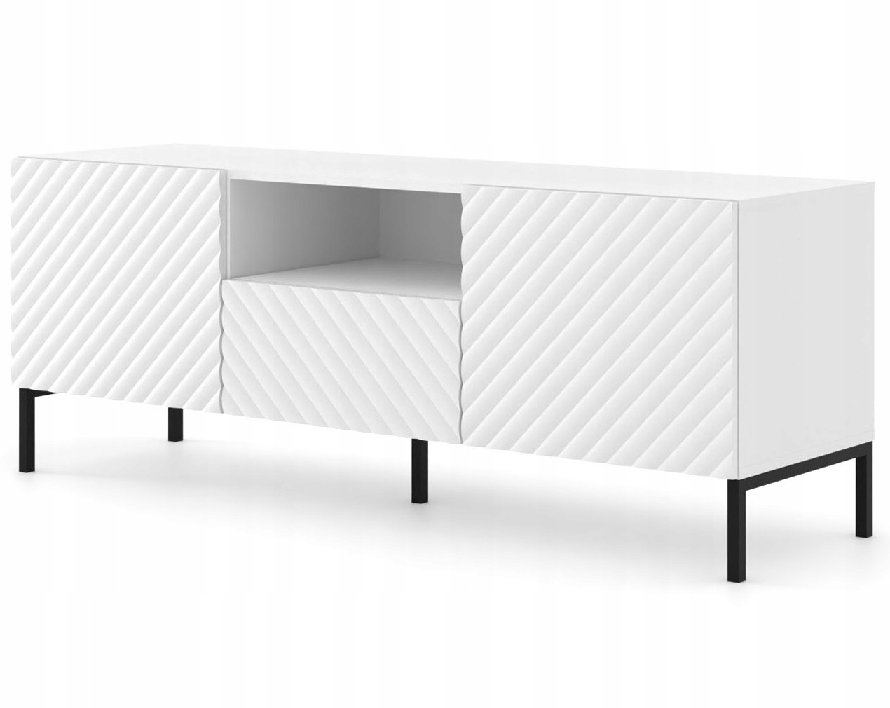 Rtv skříňka Surf 150 cm 2D1S bílá matná nohy černé kovové frézované přední části