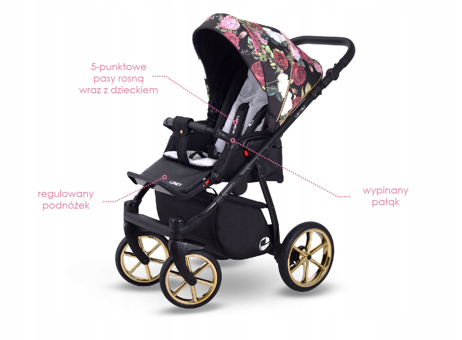 POLSKA spacerówka w kwiaty składany WÓZEK SPACEROWY ZŁOTE FELGI Liczba kół 4