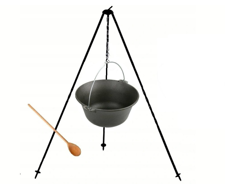 Litinový závěsný kotlík maďarský 8 l trojnožka 120 cm na táborák guláš