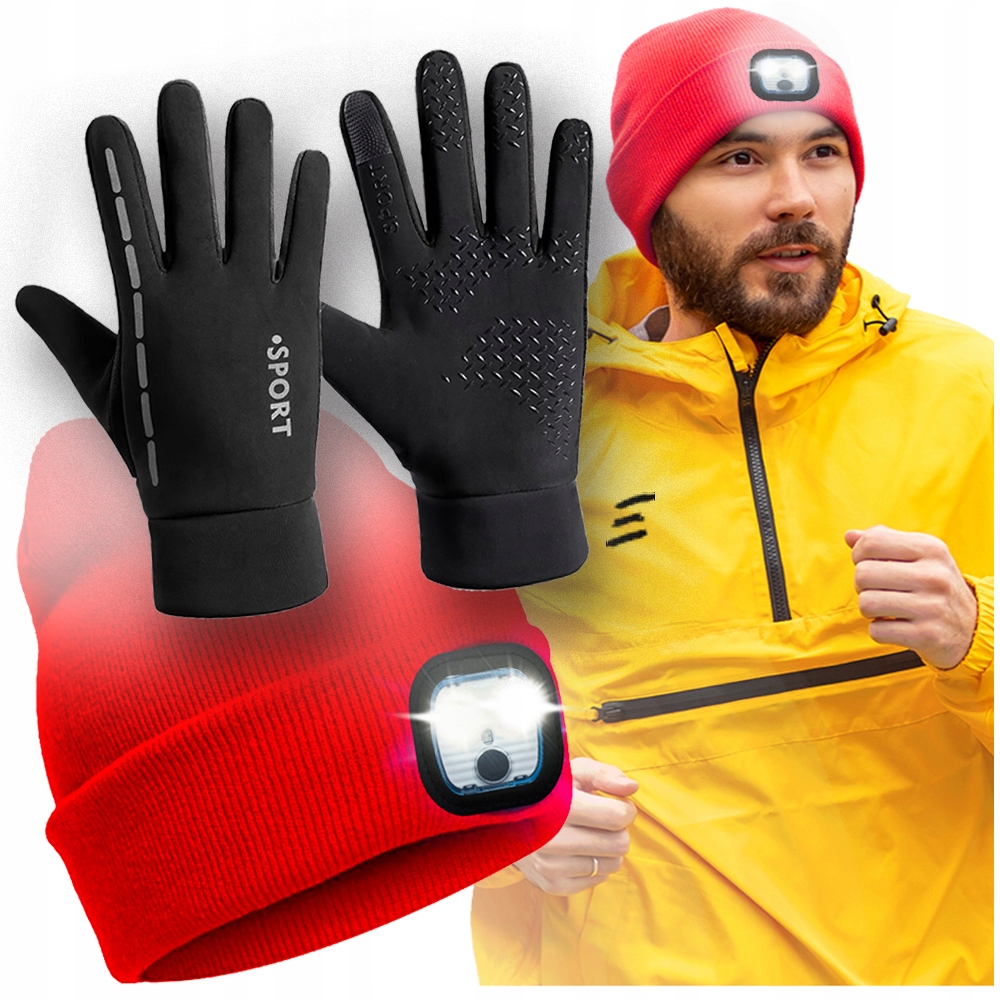 Czapka DLA MĘŻA CHŁOPAKA Z ODBLASKIEM ŚWIATEŁKIEM LED+RĘKAWICZKI DOTYKOWE