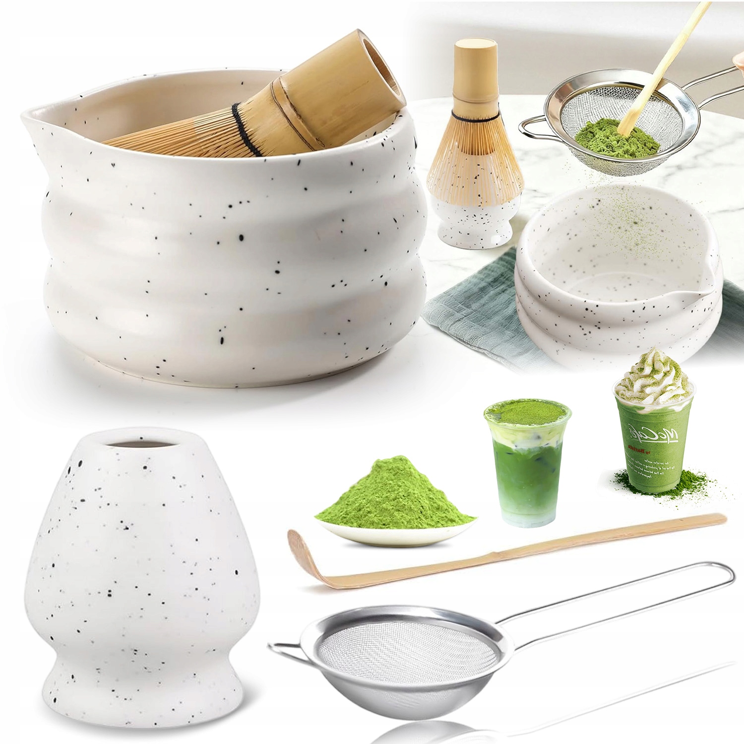 Levně Čaj Matcha Japonská Sada Metliček Štětec Stojan Dárková Lžička 5V1