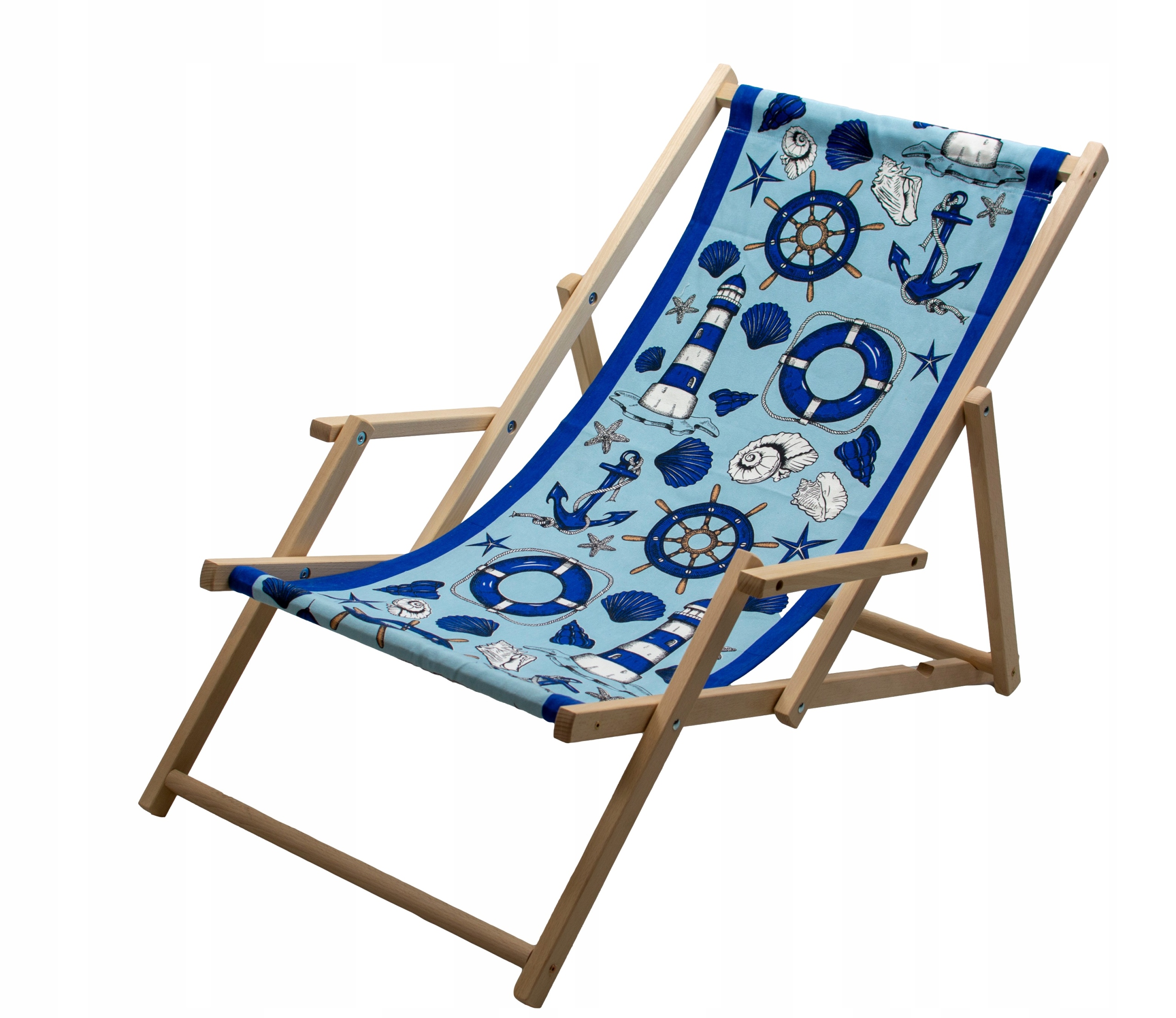 Leżak Z Podłokietnikiem Drewniany Ogrodowy Plażowy Składany Bawełna