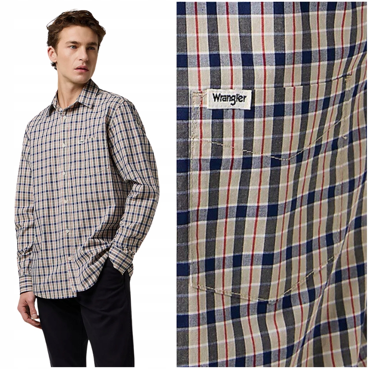 Wrangler 1 Pkt Shirt Beige klasická pánská kostkovaná bavlněná košile XL