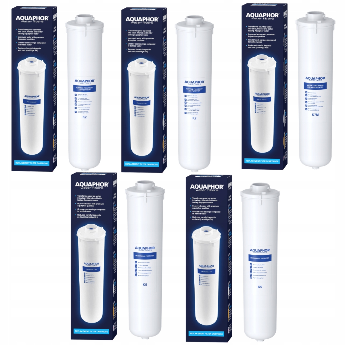 Zestaw 5 wkładów filtrów Aquaphor RO-101S Morion filtr na rok 2xK5+2xK2+K7M
