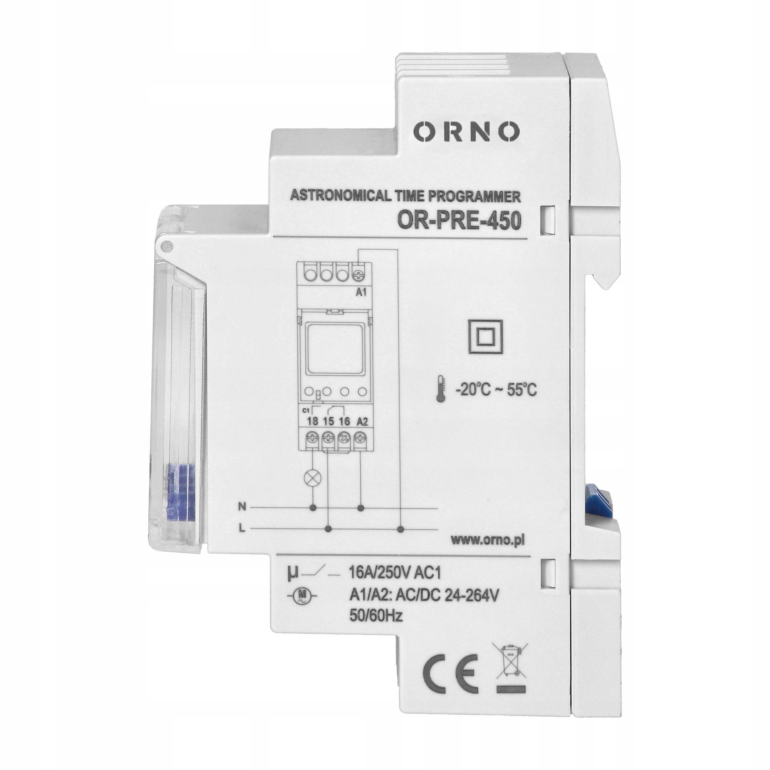 ORNO Timer Elektroniczny Programator Astronomiczny Czasowy LCD na Szynę DIN Informacje o bezpieczeństwie CE