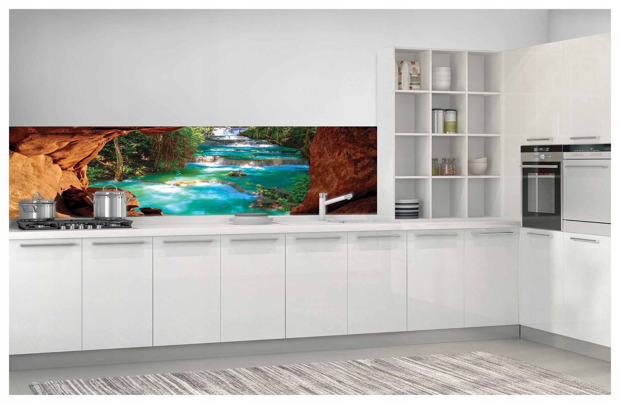 Tapeta Vodopád v jeskyni Rajský kout Modrá laguna Perspektiva 250x60