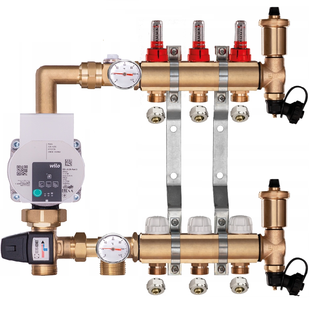 Mosazný rozdělovač pro podlahovku 3 s Pumpovou Skupinou Wilo Pex Spojky