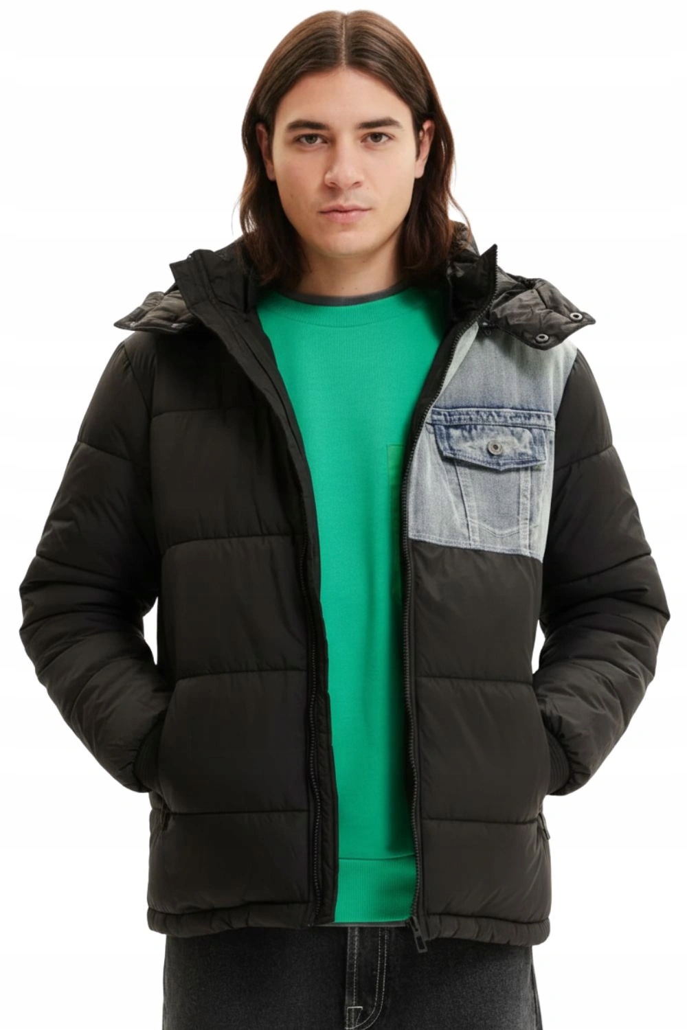 Pánská bunda Desigual prošívaná zimní s kapucí, černá, zateplená, velikost S