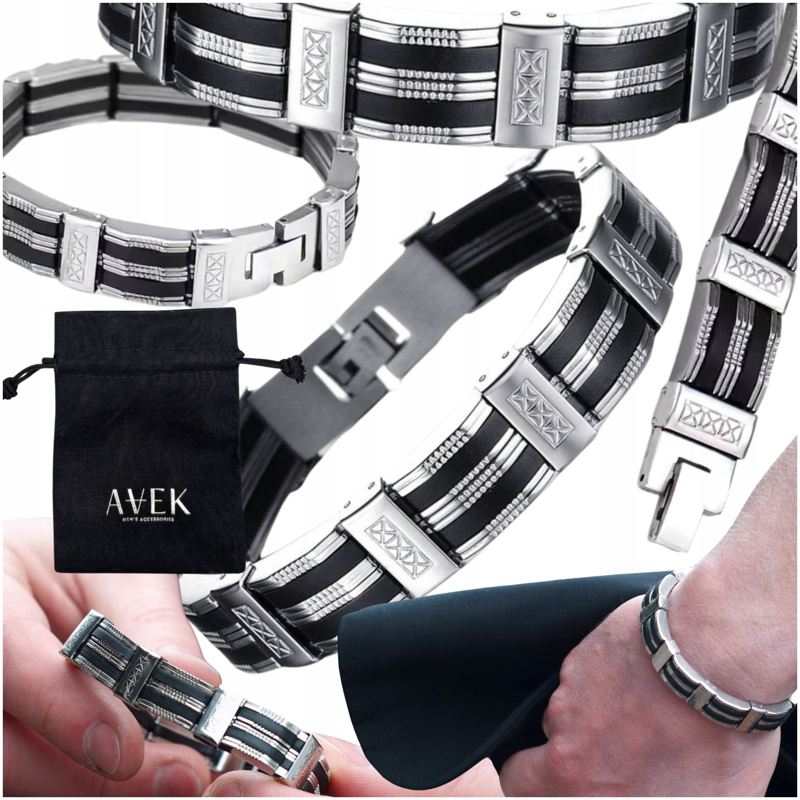 Ocelový Náramek Ocel Ušlechtilý Stříbrný Pánský Jako Dárek Černý 21,5 CM