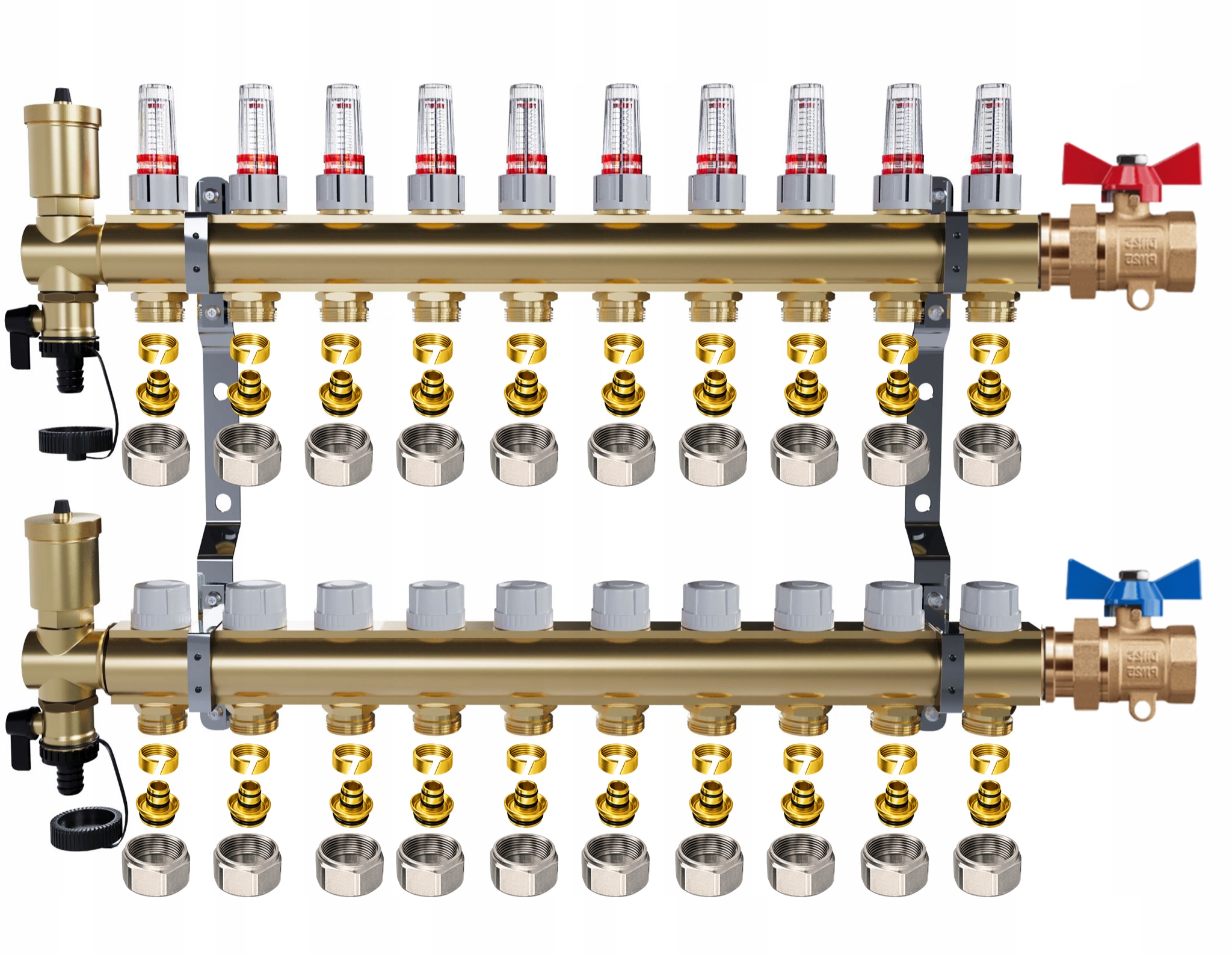 Rozdělovač pro podlahové vytápění – 10 okruhů jednoduché ventily Pex