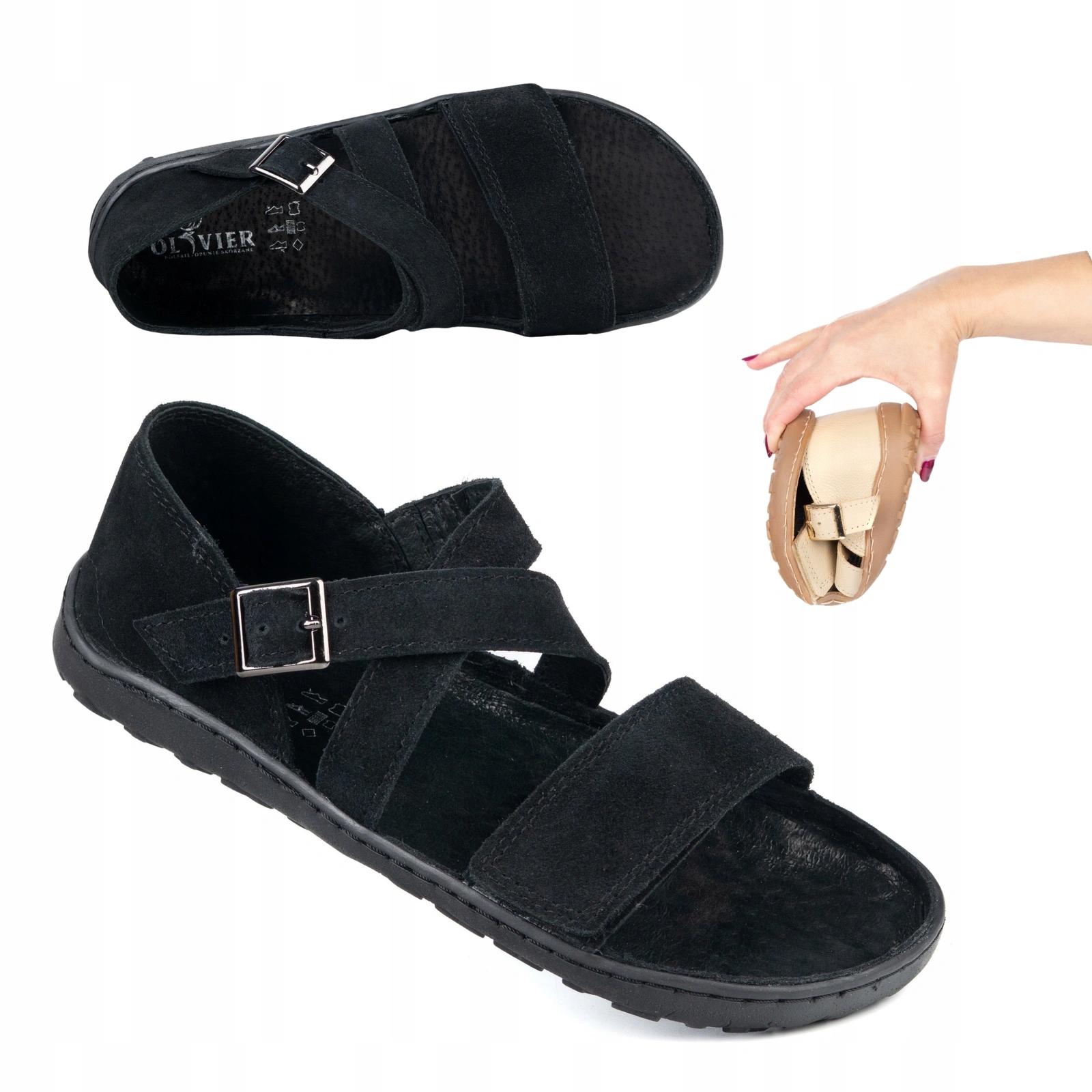 Dámské barefoot kožené sandály Olivier Pas široký přední díl černé 36