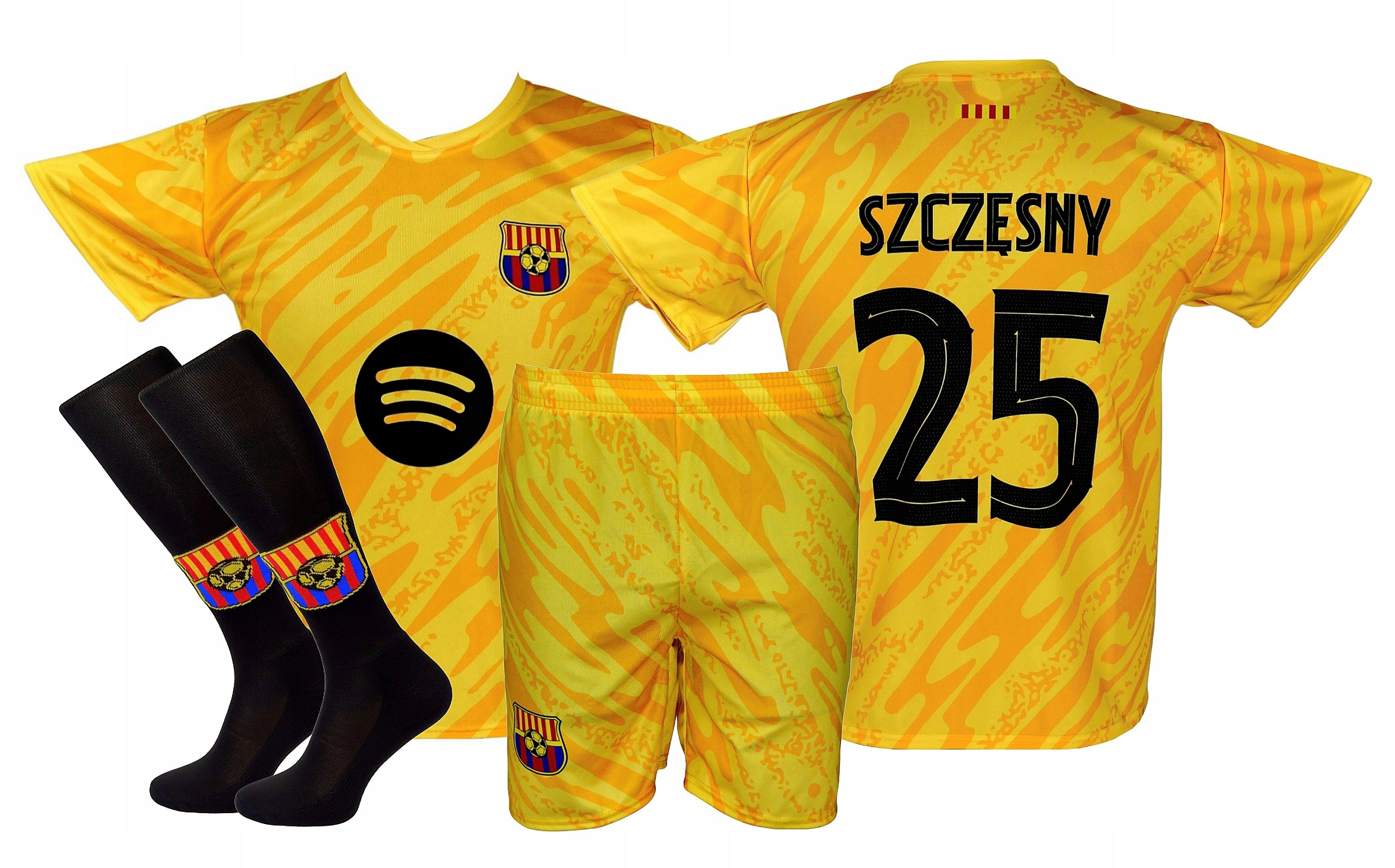 Szczęsny Barcelona strój sportowy koszulka, spodenki getry Żółty roz. 152