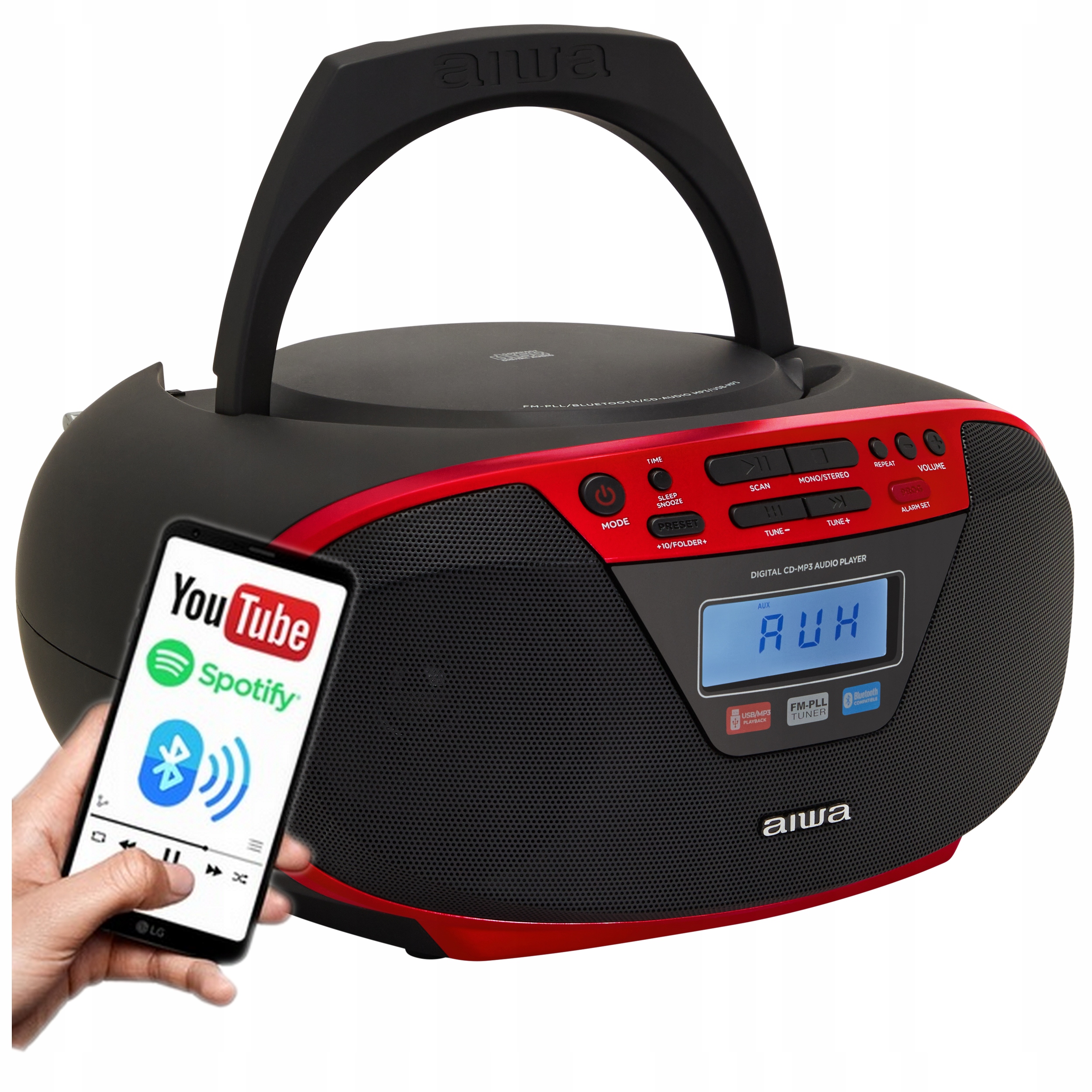 Boombox Przenośny z Bt v5.0+EDR CD-MP3 Bluetooth Audio LCD Aiwa BBTU-400RD