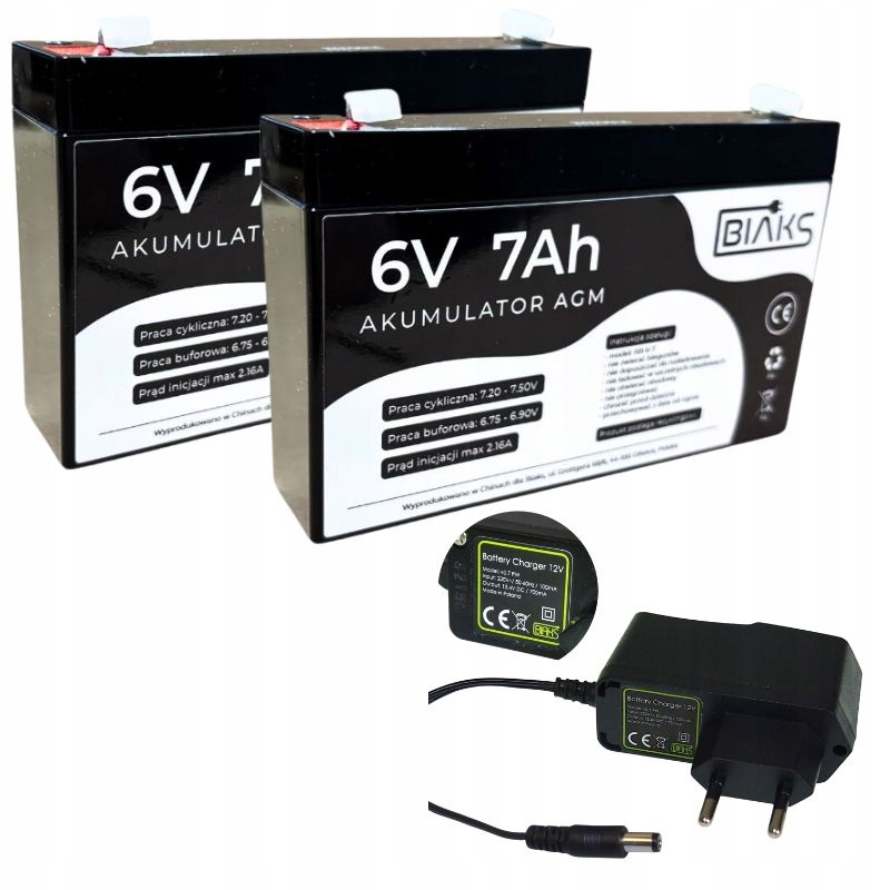 Zestaw 2x Akumulator Agm 6V 7Ah Biaks (wymiar 7.2Ah) ładowarka 12V Wtyk