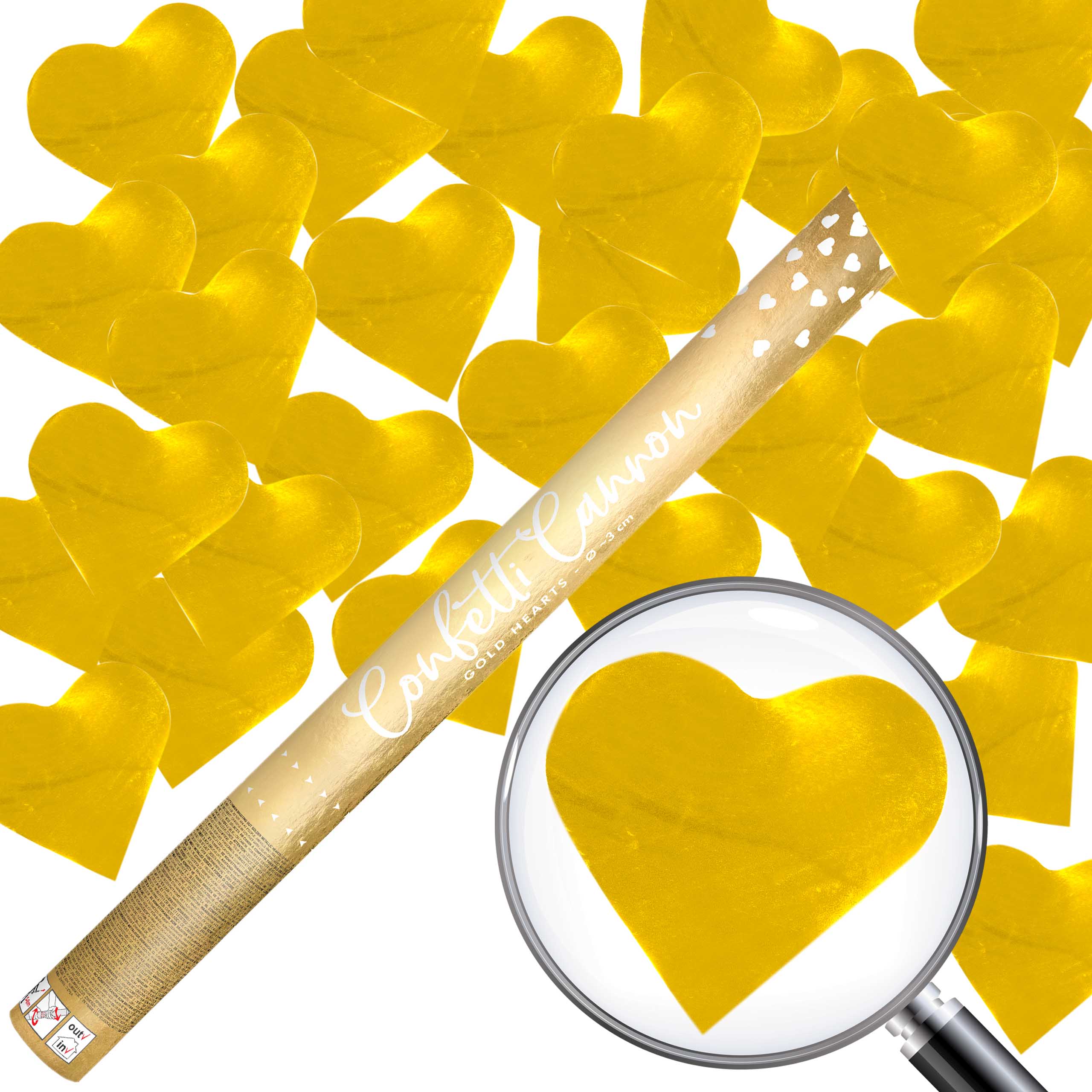 TUBA strzelająca KONFETTI 60cm ZŁOTE SERCA METALIZOWANE ŚLUB WESELE serce