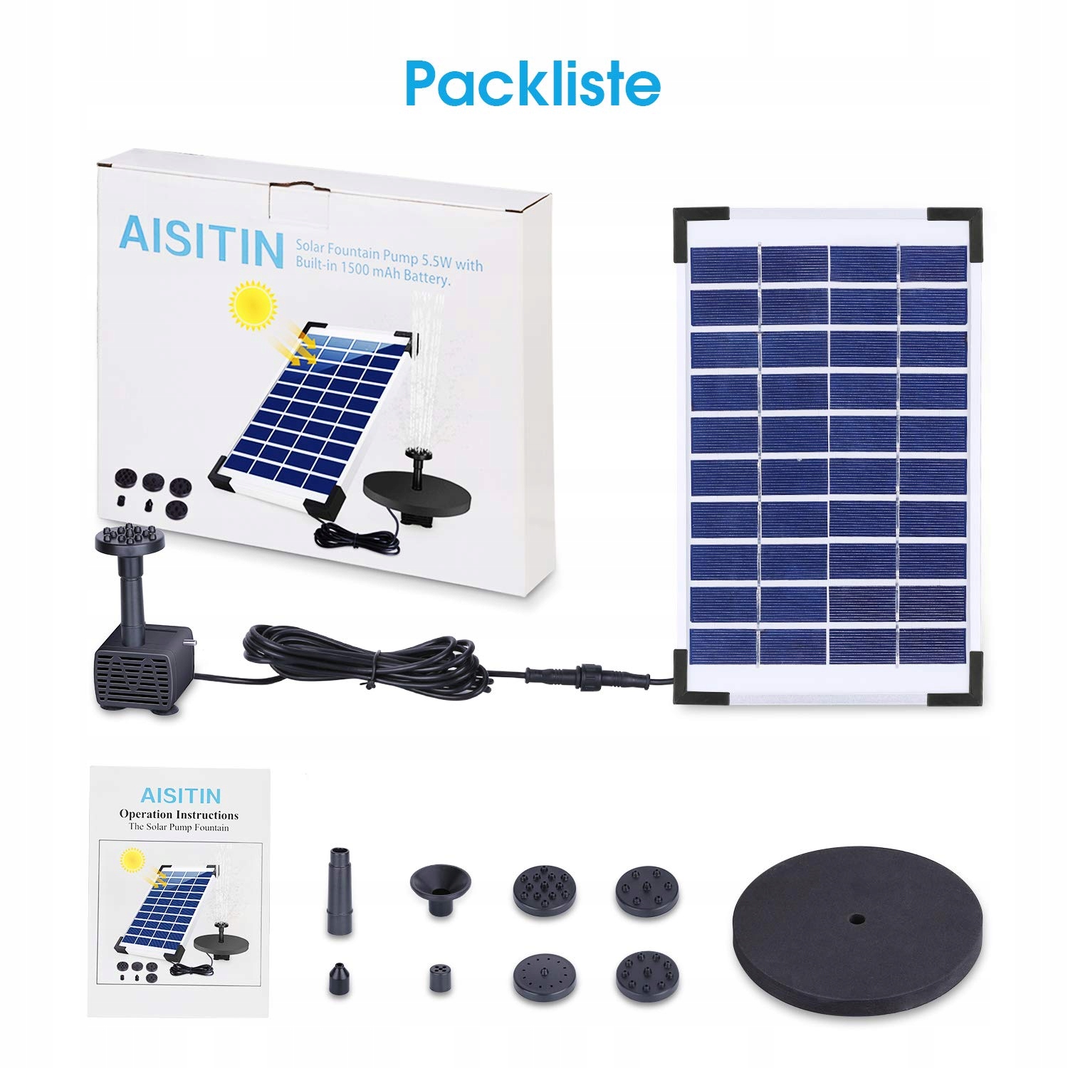 AISITIN Fontanna Solarna 5.5W Z Baterią 1500mAh Do Oczka Wodnego Ogrodu — miniatura 9