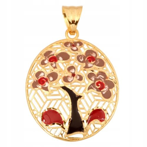 Oválný zlatý přívěsek 585 s motivem stromu zdobeného smaltem
