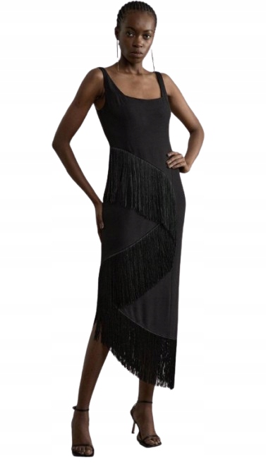 Karen Millen Černé Šaty MIDI S Třásněmi Petite 38 B1F