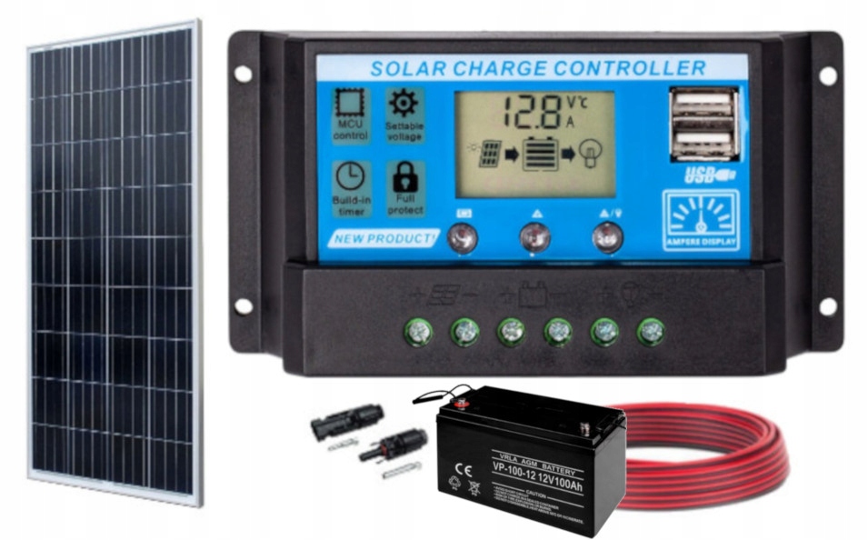 PANEL SLONECZNY SOLARNY 100W ZESTAW 2xUSB LCD 12V