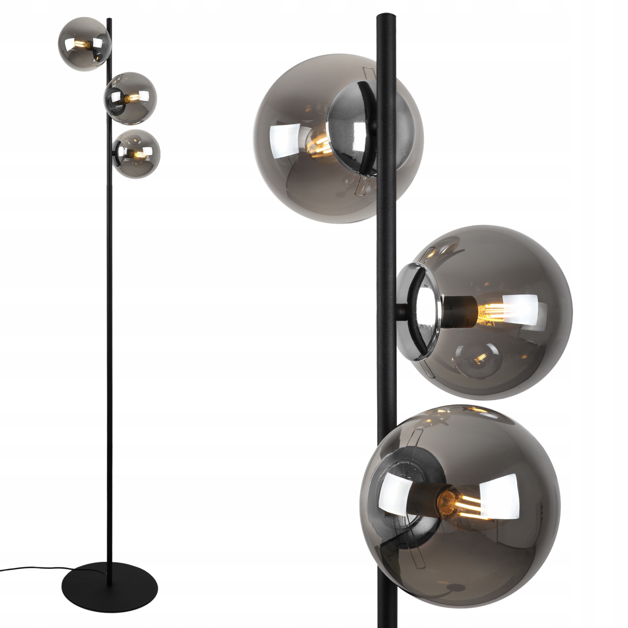Lampa Stojąca Podłogowa Szklane Grafitowe Kule Czarna Chrom Glamour Loft