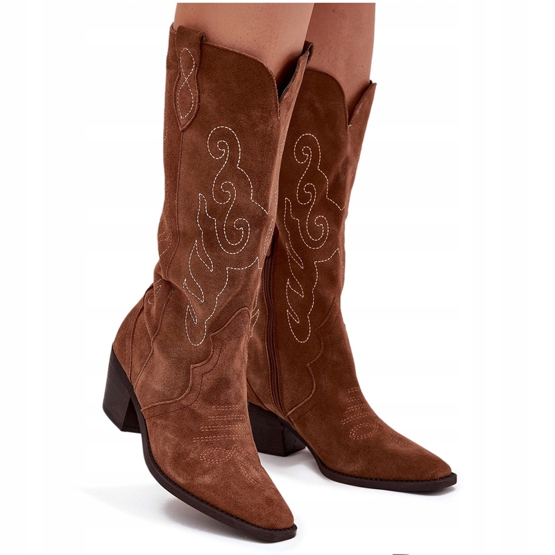 Kozačky Kovbojské Boty Dámské Semišové Podpatek Nazouvací Prošívání Camel 39