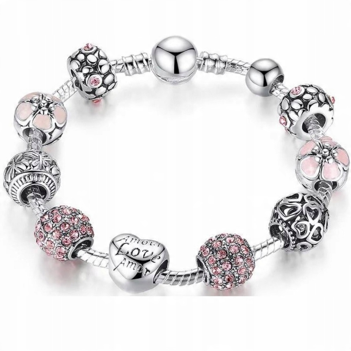 

Bransoletka Srebrna 925 Modułowa Charms Róż 18 CM