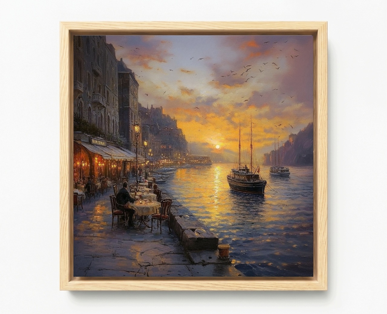 Obraz Rám Americký Box Město Promenáda Kanál Voda Lodě Kavárna 50x50