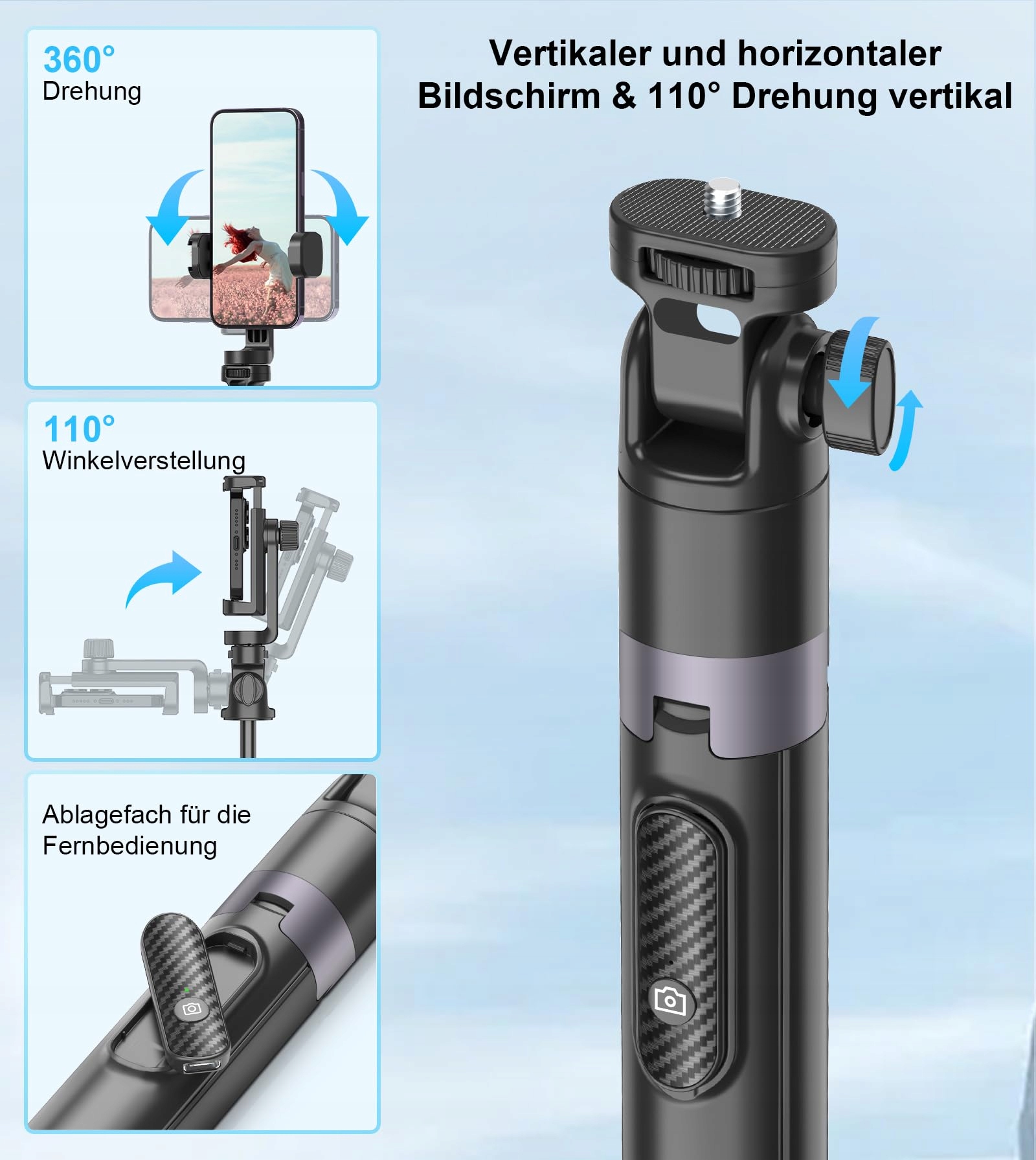 GAHENWO Statyw Selfie 173cm Tripod Do Kamer Akcji i Telefonów Z Pilotem — miniatura 2