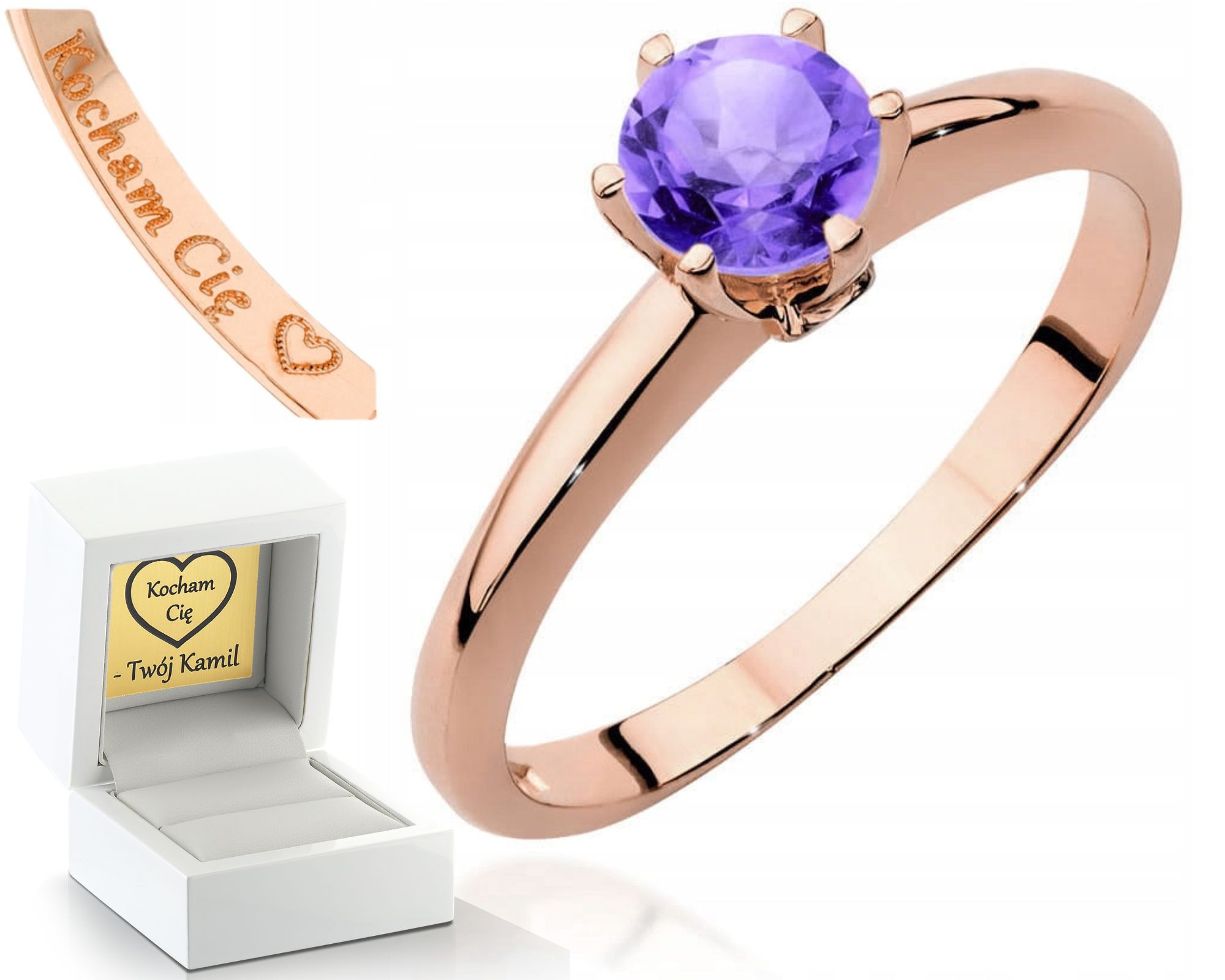 Prstýnek S Ametystem Diamant Růžové Zlato Gravírování 585 Bonus Dárek