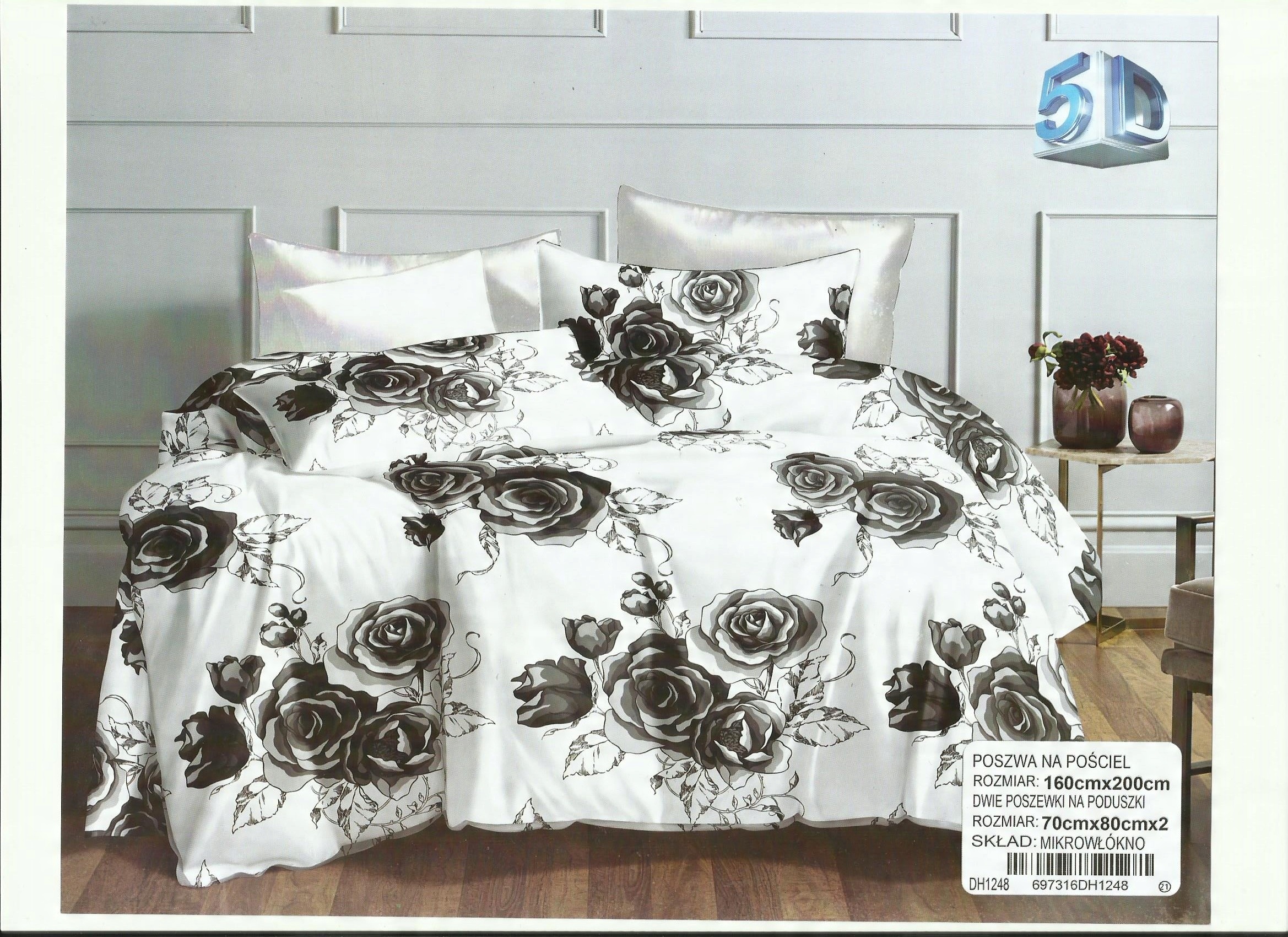 

Biały Komplet Pościeli 160x200 W Czarne Róże 5D