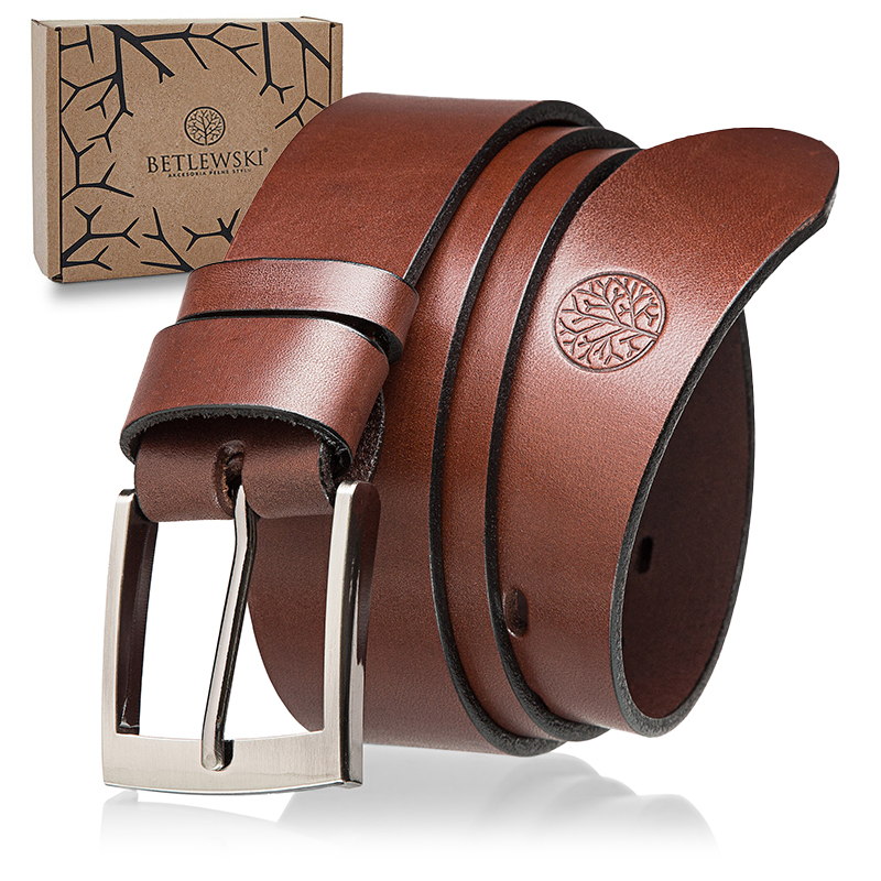 Pasek Skórzany Męski Betlewski brązowy klasyk szeroki w pudełku