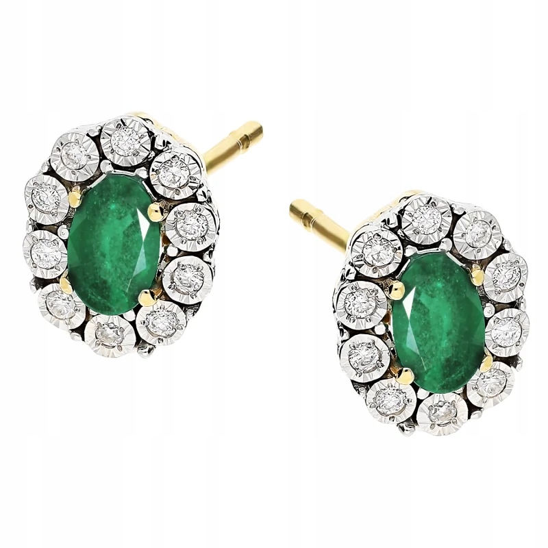 Dámské náušnice ze zlata 585, oválné smaragdy s diamanty, jako dárek 1,47