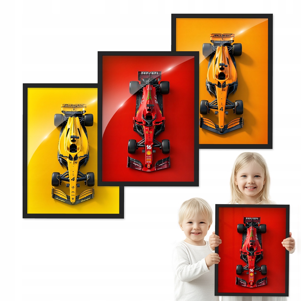 Sada 3 obrazů Barevné Auta F1 černý rámeček 50x70 do chlapeckého pokoje