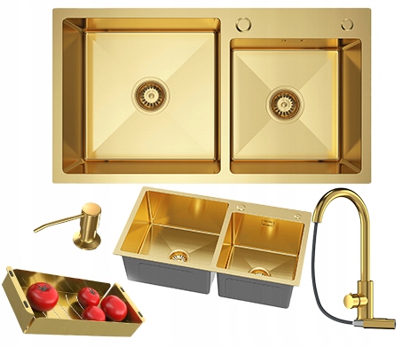 Oceľový 2-komorový zlatý drez 78x45 cm Sada sifónov a batérií, dávkovač