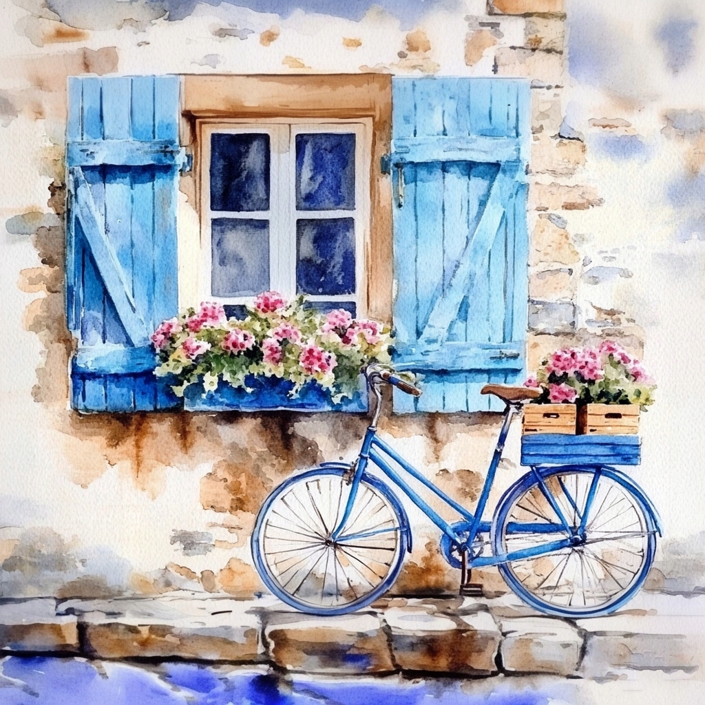 Obraz Na Plátně Canvas Modrý Kolo Okno Květiny Pohled Pohlednice 80x80