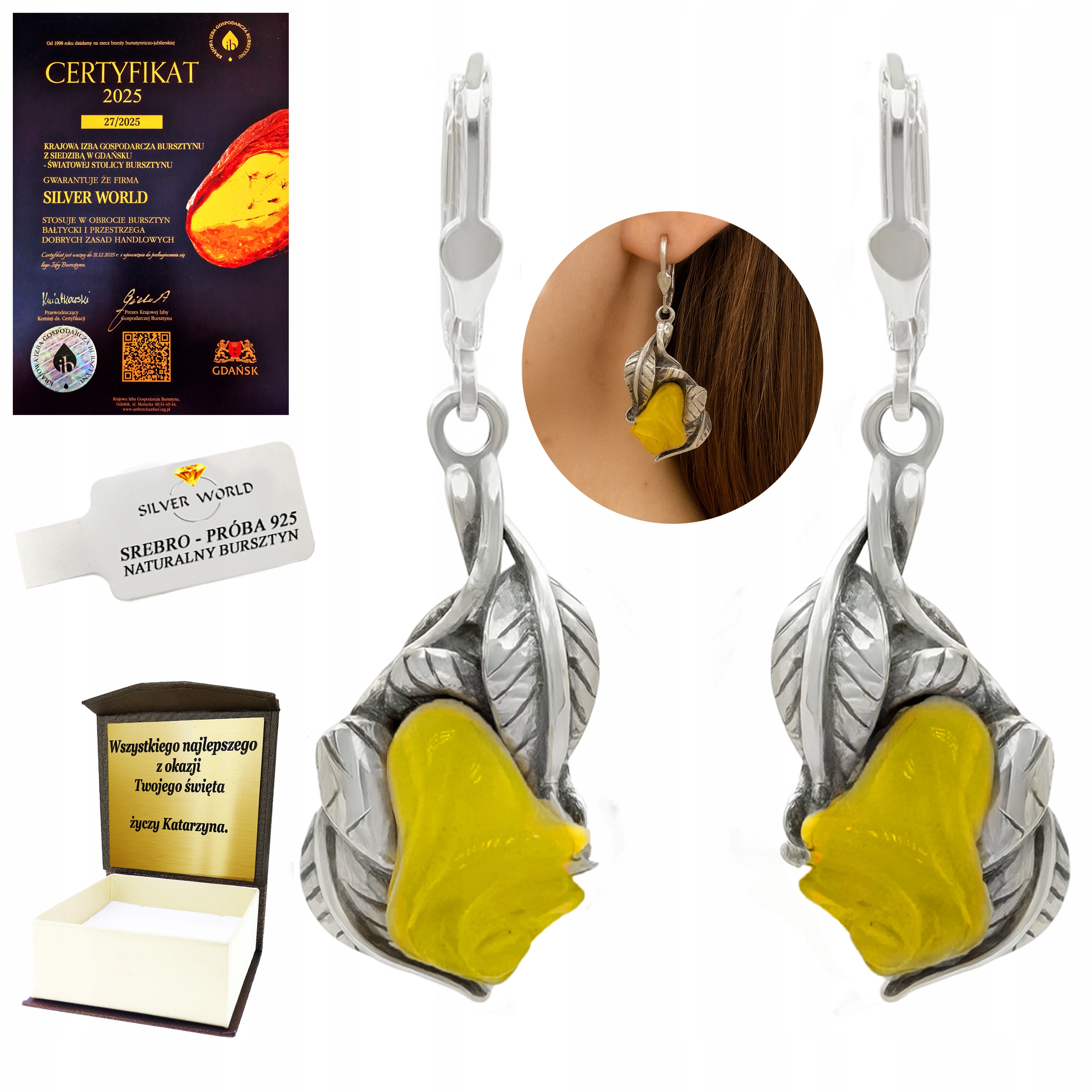 Stříbrné Náušnice S Jantarem, Závěsné, Vyřezávané Růže Gravírování Bonus kw11