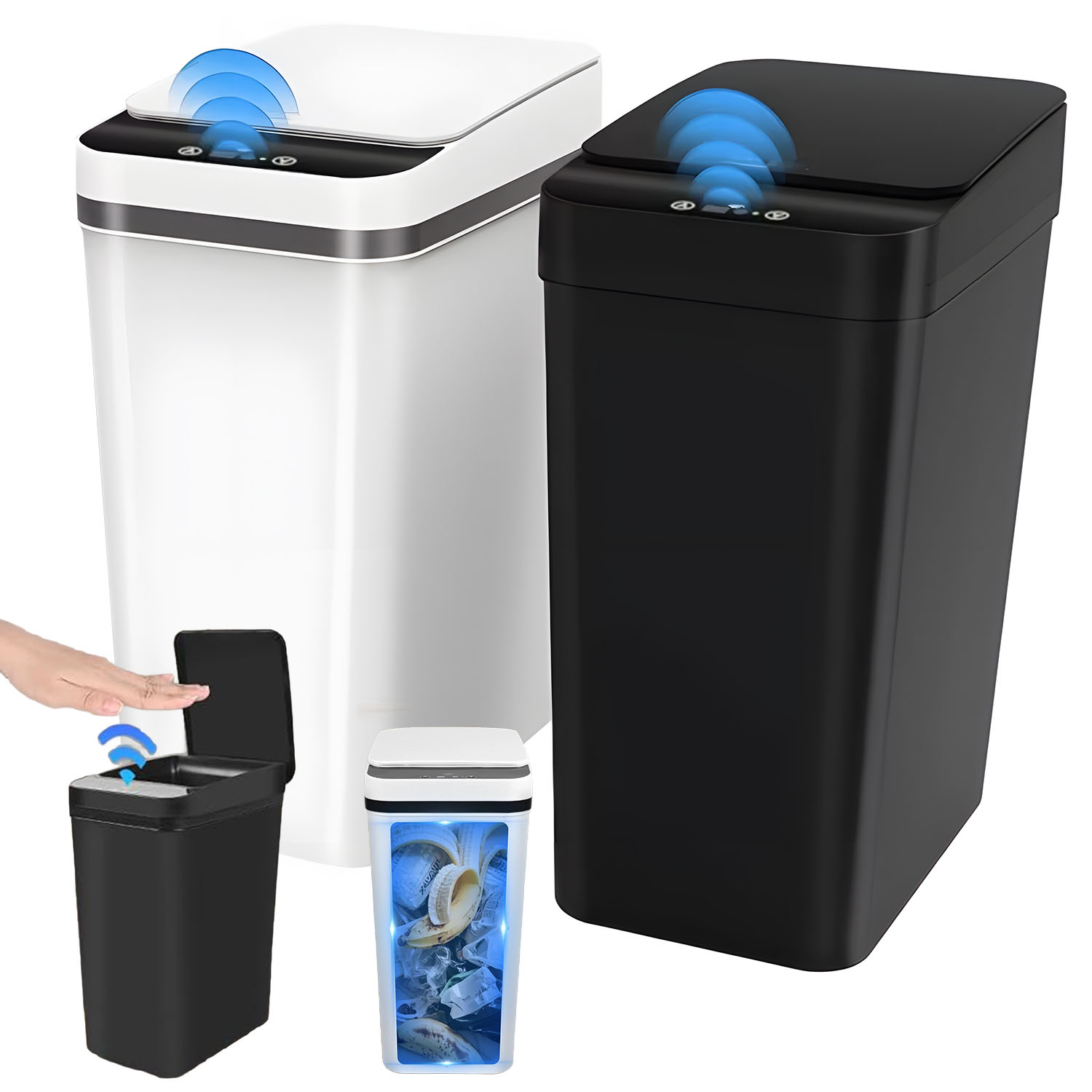 Levně 2 Ks Automatický Odpadkový Koš Černý Bílý Abs Do Kuchyně Obývacího Pokoje 8.5 L