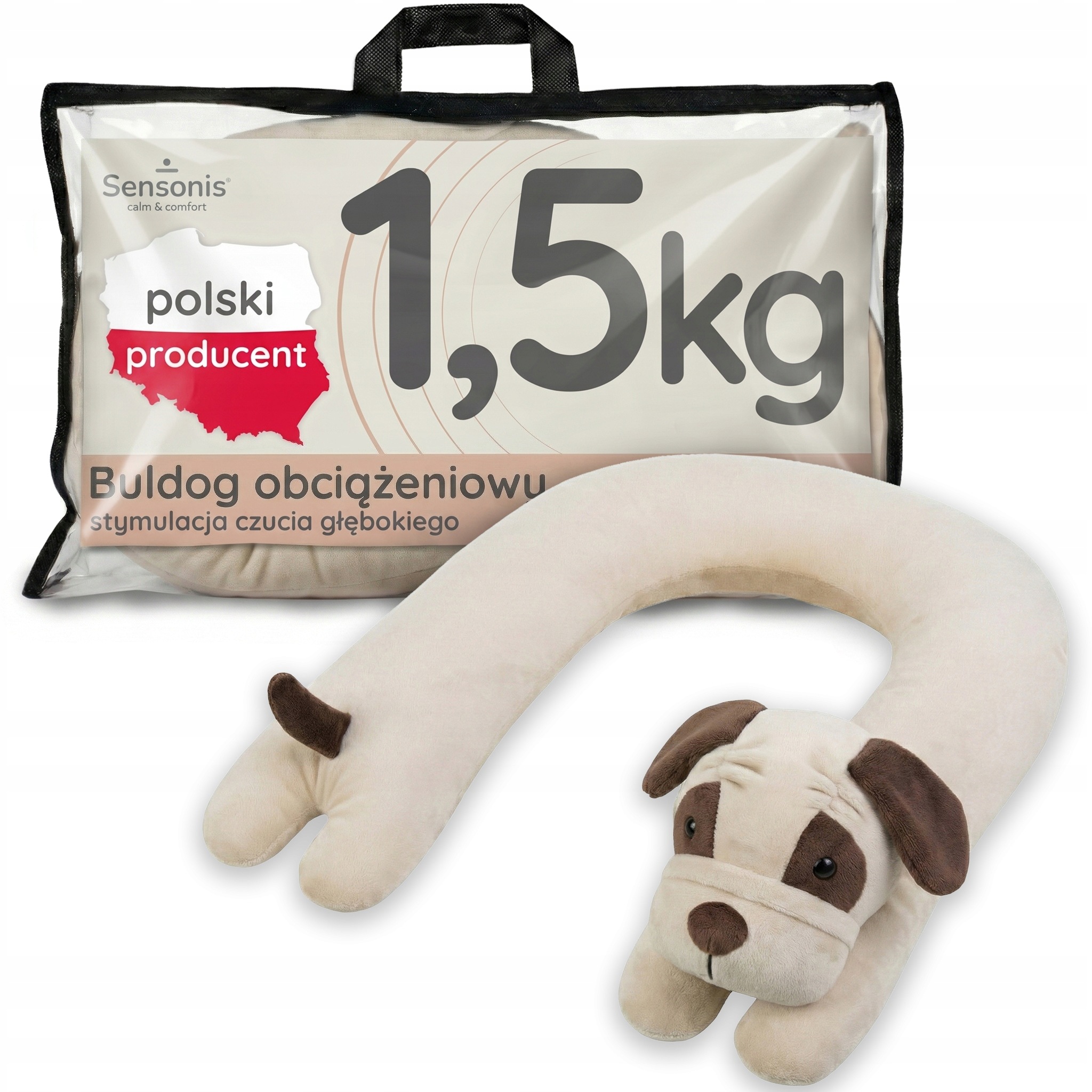 Pluszak Mops buldog maskotka obciążeniowa kołnierz regulowana waga 1,5kg Pl