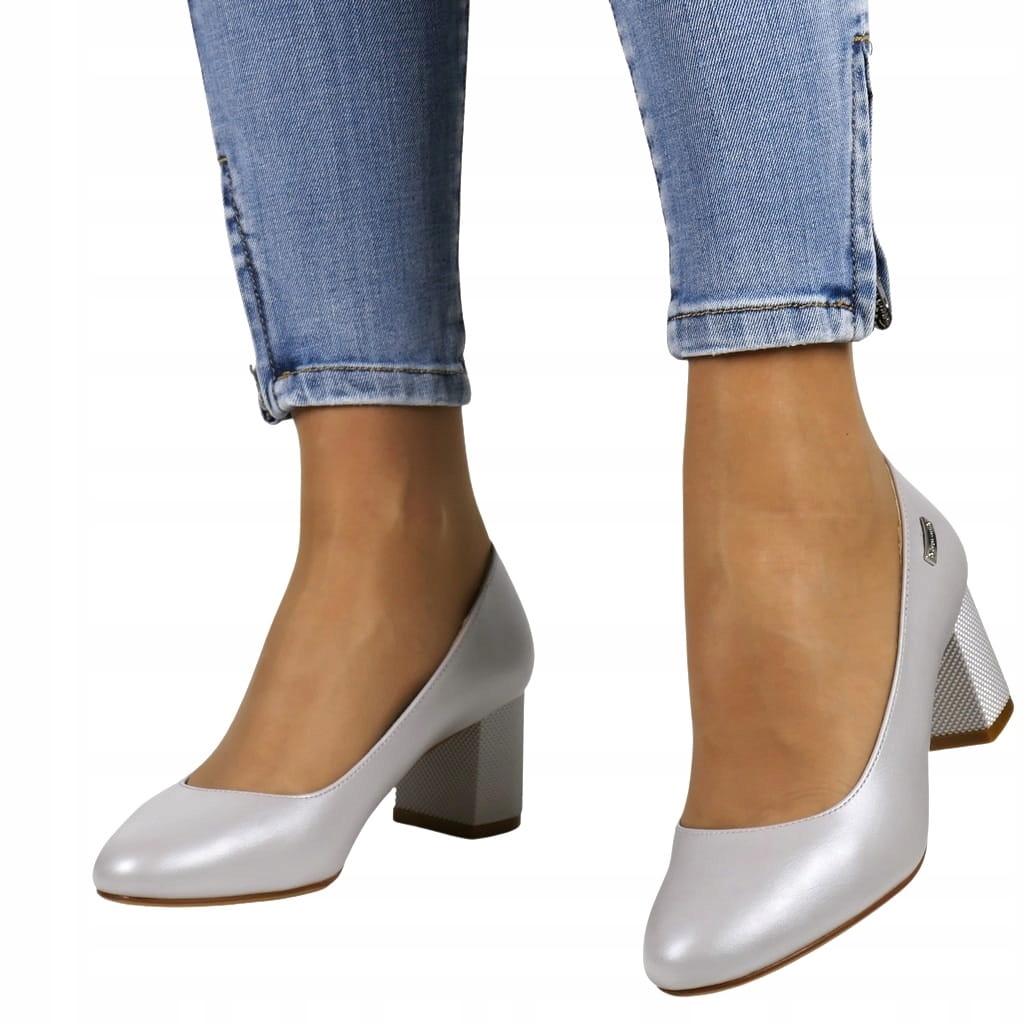 DAMSKIE CZÓŁENKA BUTY NA OBCASIE STABILNE SREBRNE PERŁOWE KARBOWANY OBCAS Rozmiar 40