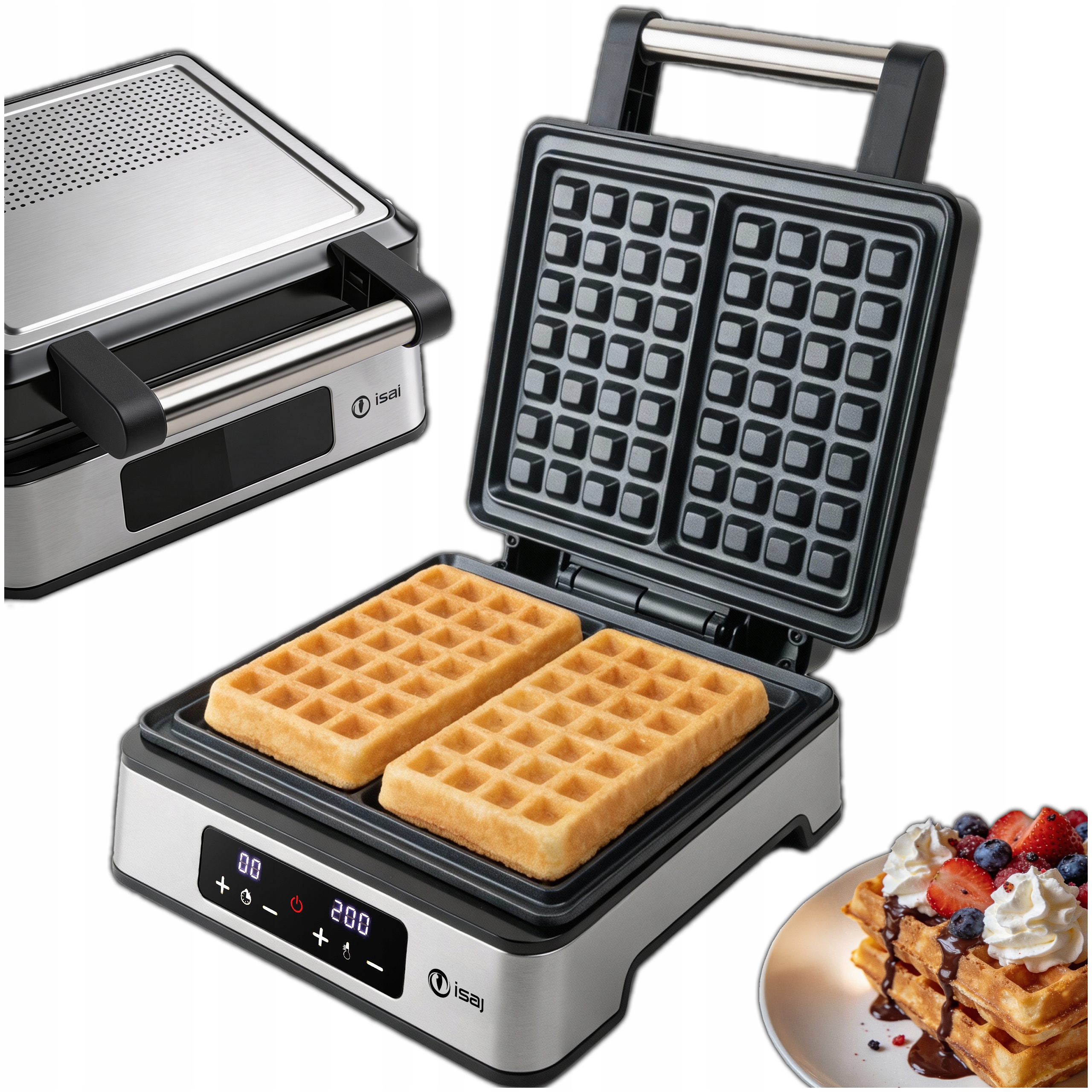 Gofrownica 2200W 2 Duże Chrupiące Gofry Regulacja Temperatury Isaj Timer