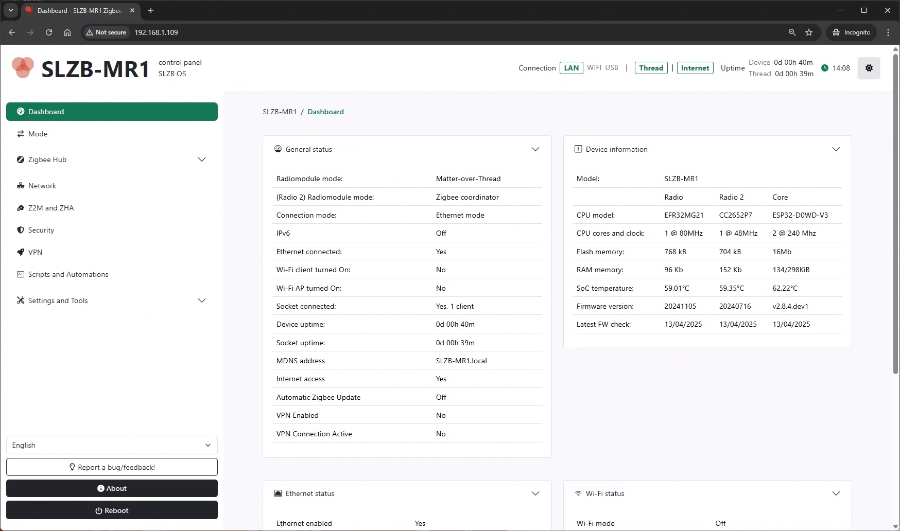 Adapter SLZB-MR1U ZigBee Thread Multiradio CC2652P7 EFR32MG21 PoE WiFi LAN Marka SMLIGHT