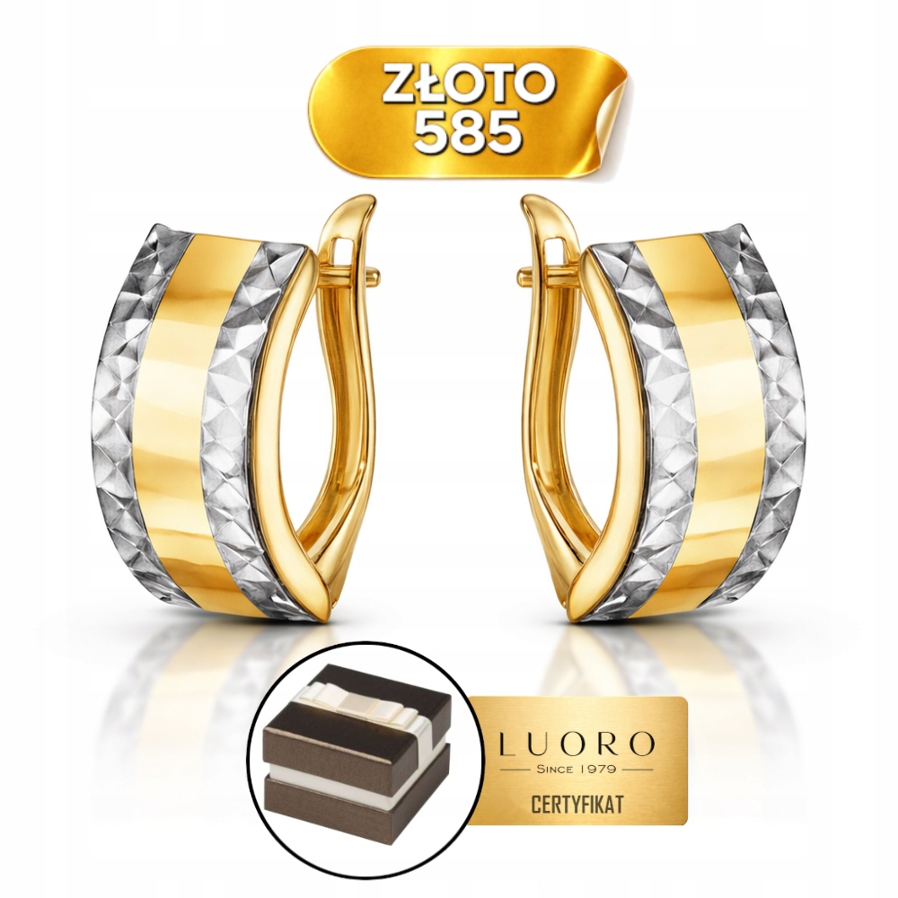 Náušnice Zlaté 585 14K Široké S Diamantem, Dvě Barvy Zlata 1,4 CM