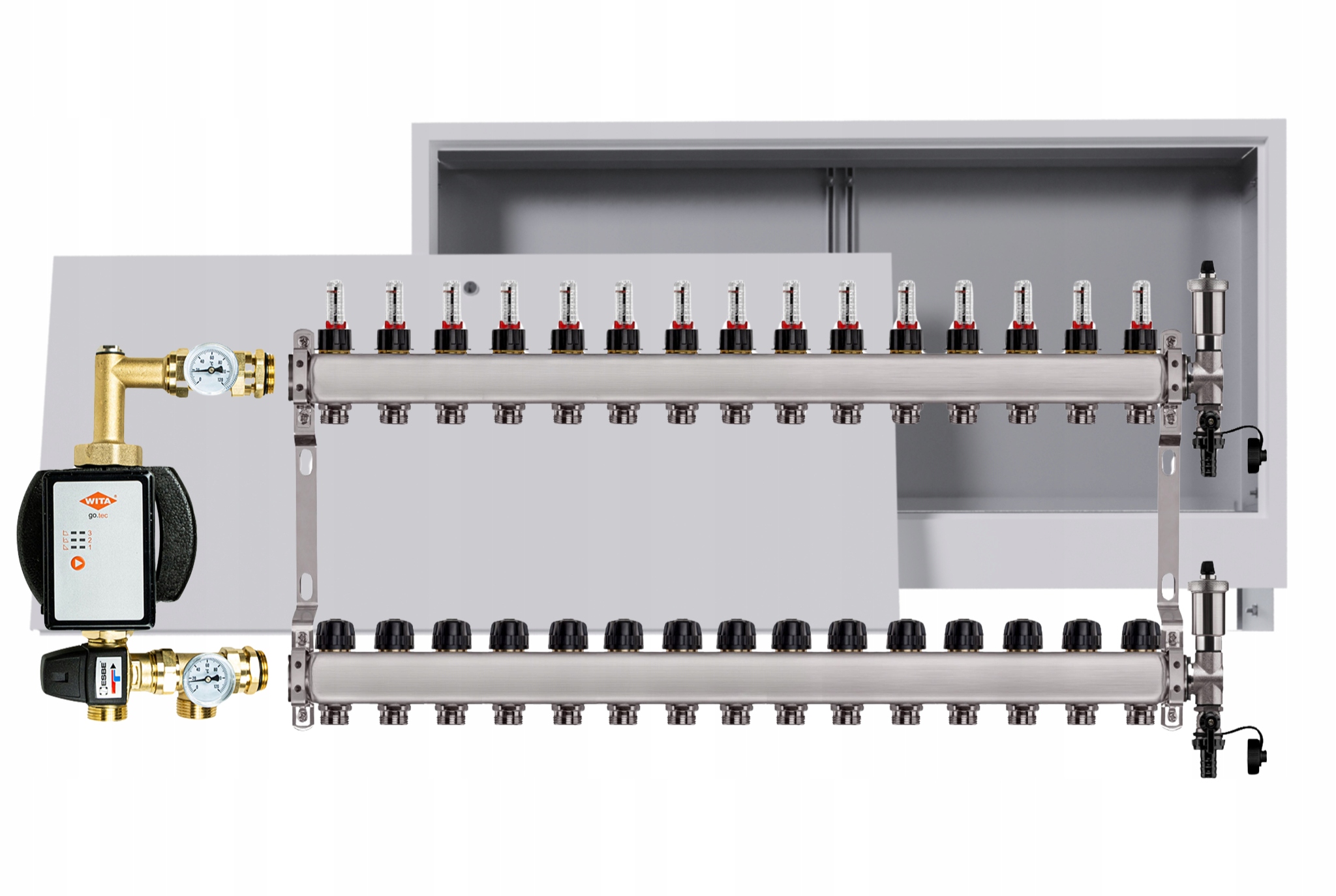 Rozdělovač pro podlahu nerezový 15 okruhů s čerpadlem Wita box