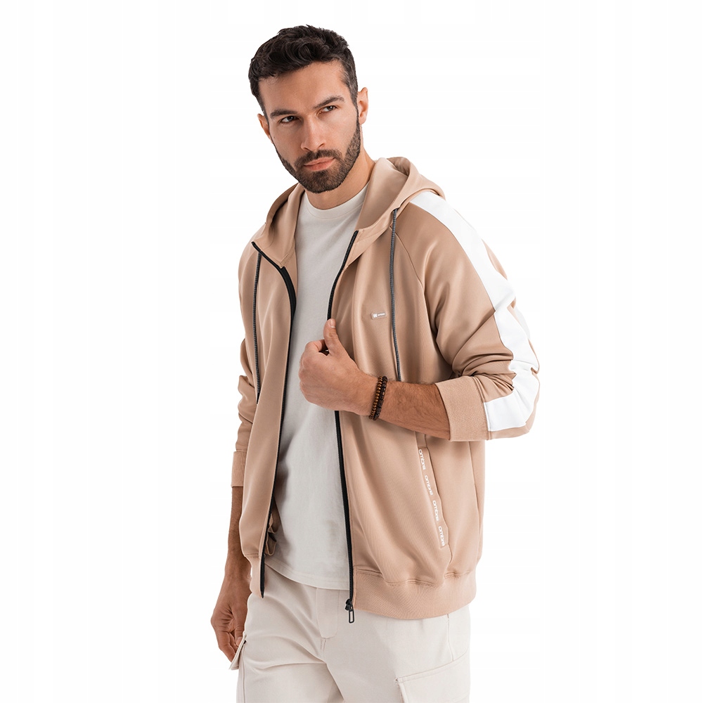 Rozepínací pánská mikina s kapucí a lampasy béžová OM-SSZP-0210 V4 vel. S