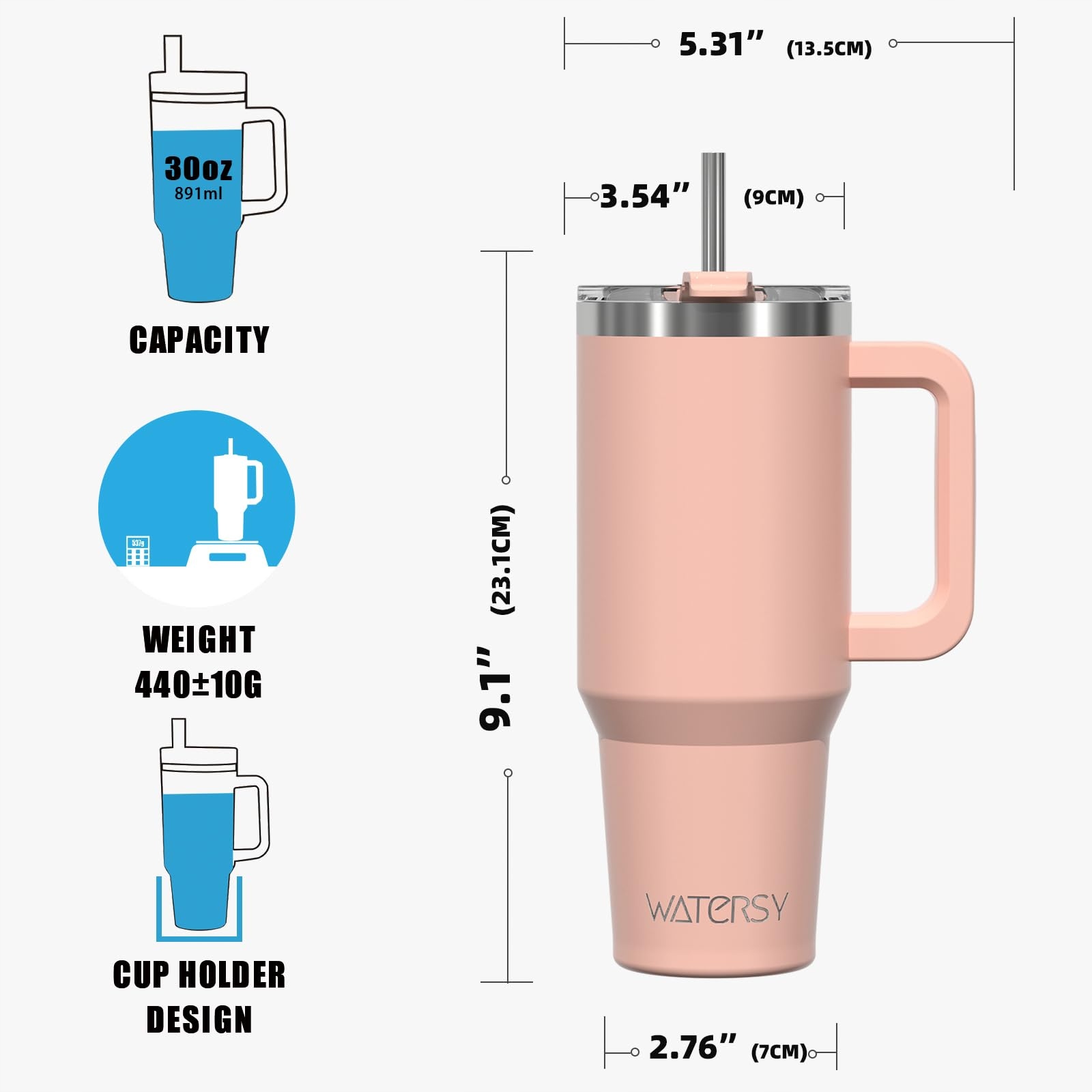 WATERSY Kubek Termiczny 891 ml Stal Nierdzewna Z Uchem I Słomką Różowy — miniatura 6