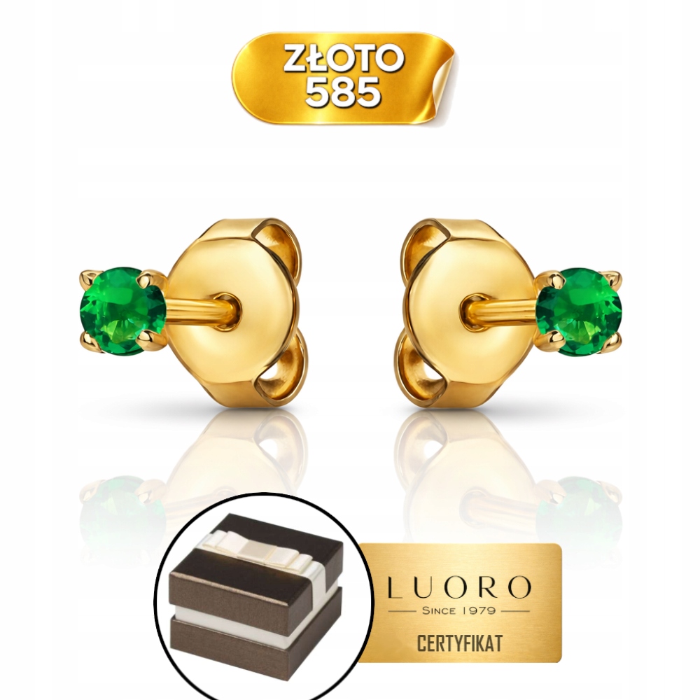 Náušnice Zlaté 585 14K Čtverec Se Zeleným Zirkonem Tyčinka 2 CM Elegantní