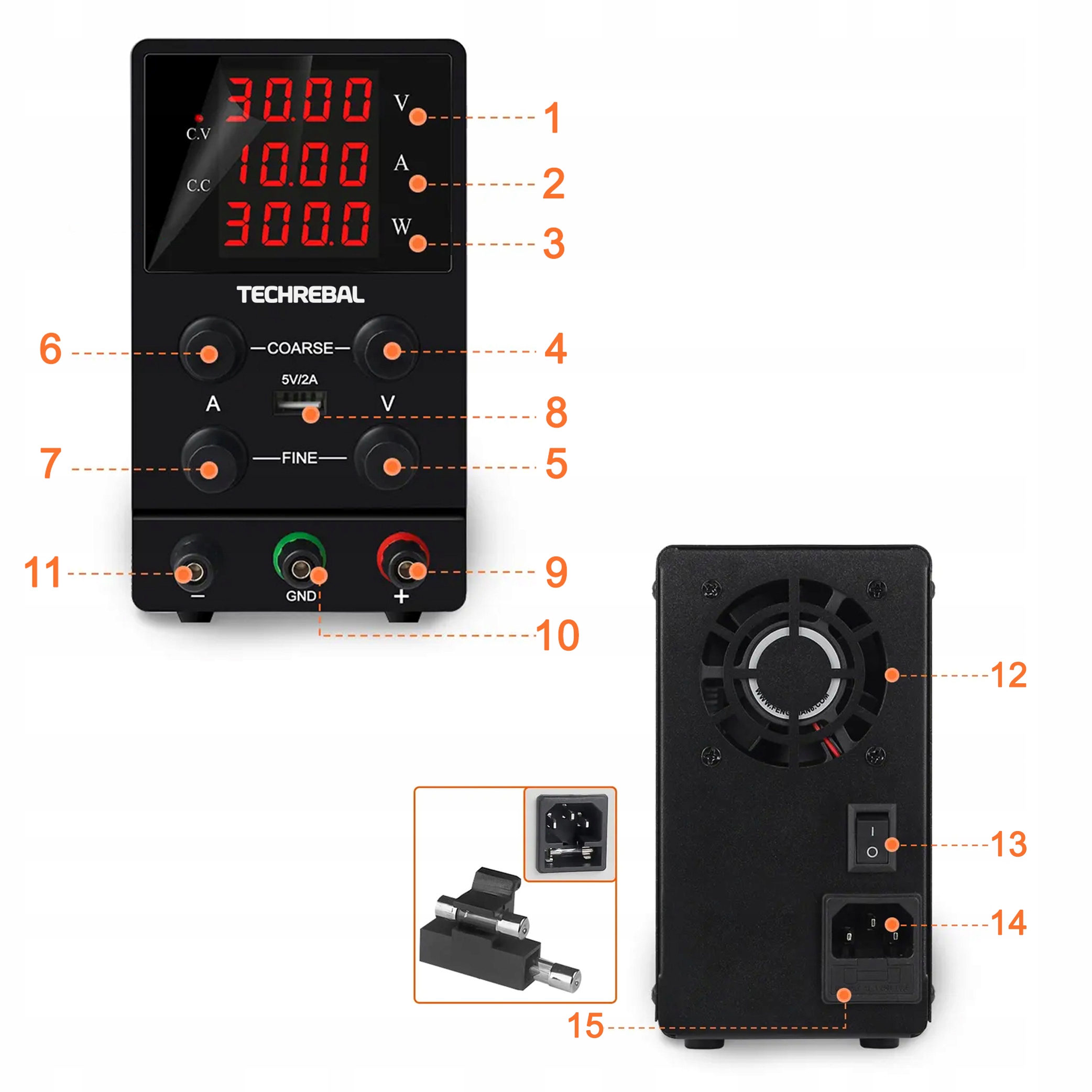 ZASILACZ LABORATORYJNY REGULOWANY Techrebal SPS-3010 30V 10A USB KABLE Głębokość produktu 22 cm
