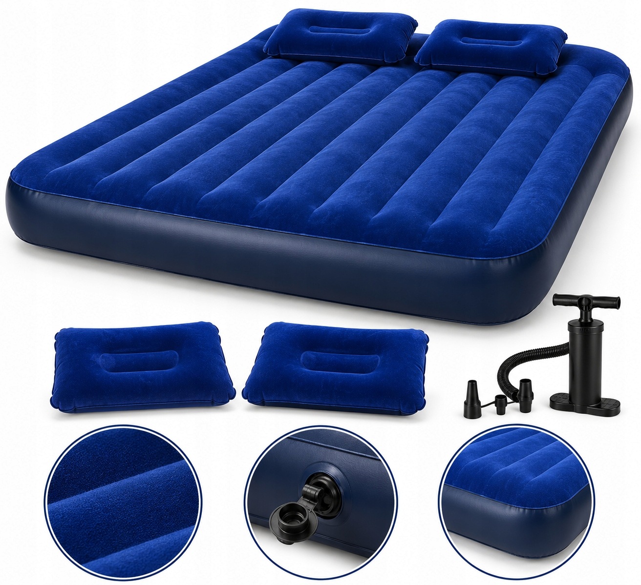 Materac dwuosobowy niebieski 200x170 cm do kempingu 2 Poduszki Pompka