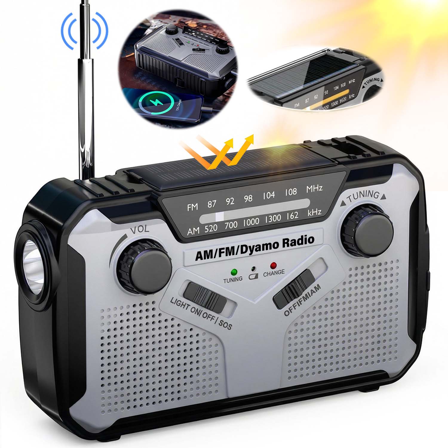 Přenosné Solární Rádio Klika Alarm Nouzová Svítilna 4 Zdroje Napájení